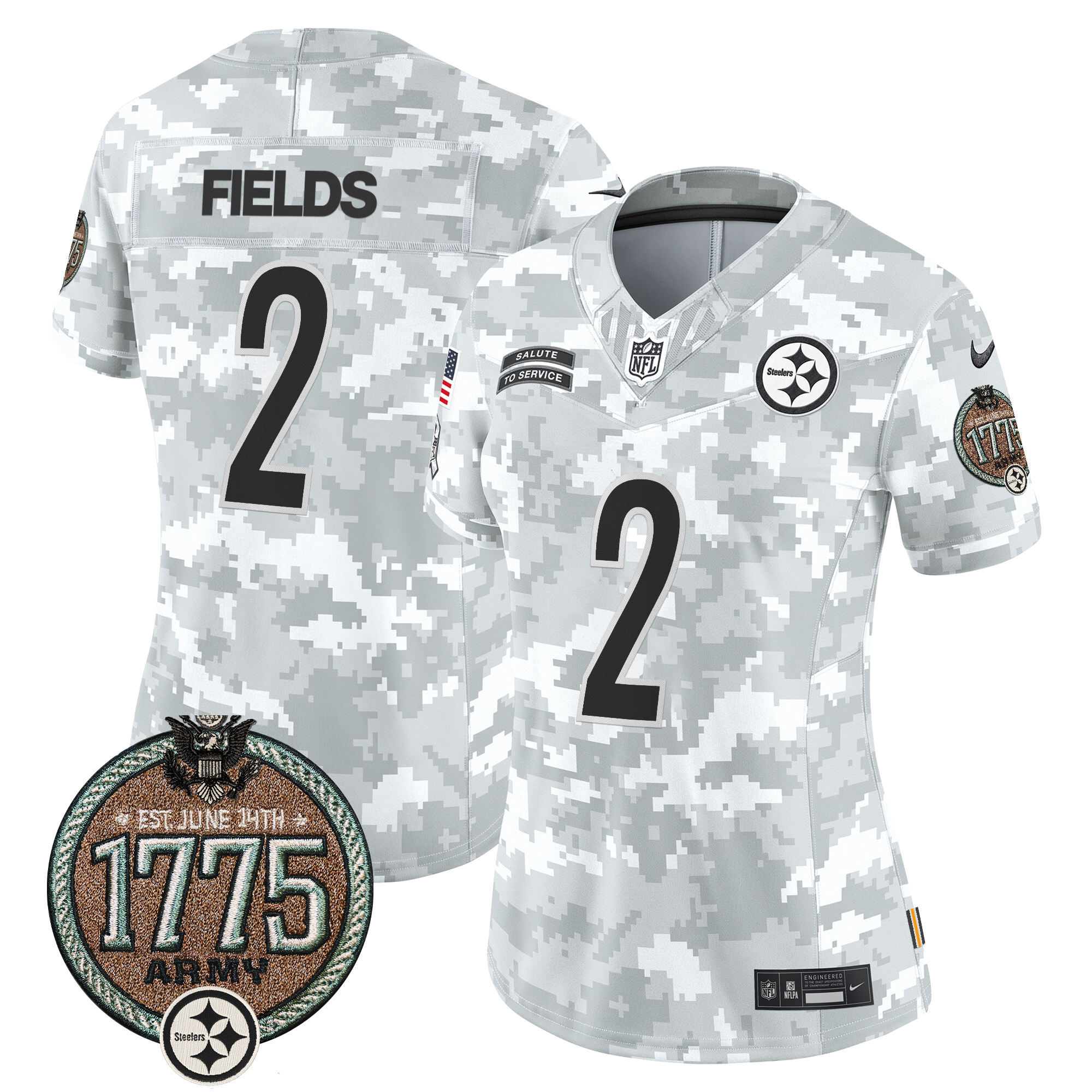 Justin Fields Women's Pittsburgh Steelers 2024 Salute to Service Establishment Year Patch Vapor Limited Army Jersey - All Stitched