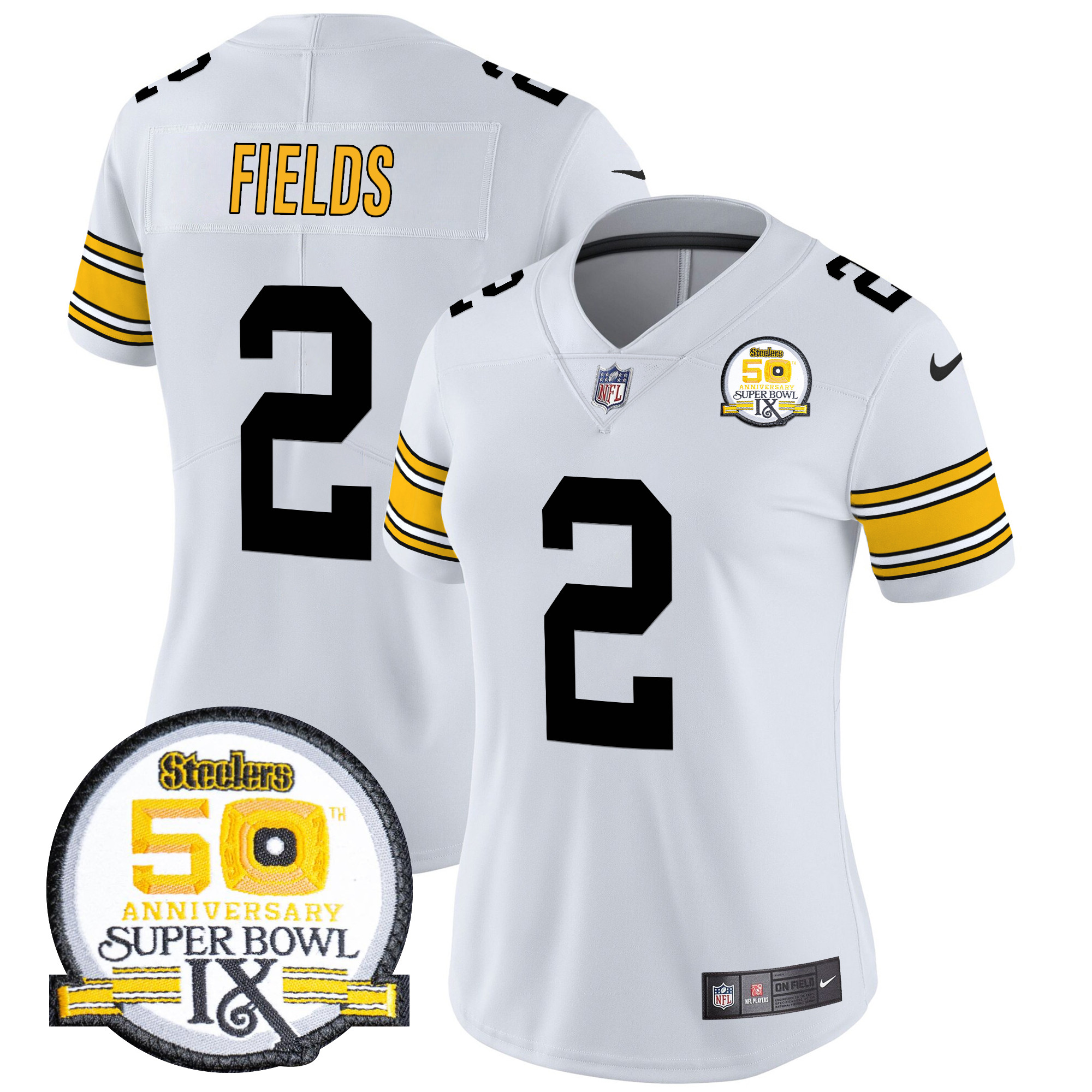 Justin Fields Women's Pittsburgh Steelers 50th Anniversary Of Super Bowl IX Patch Vapor Limited 1975 White Jersey - All Stitched