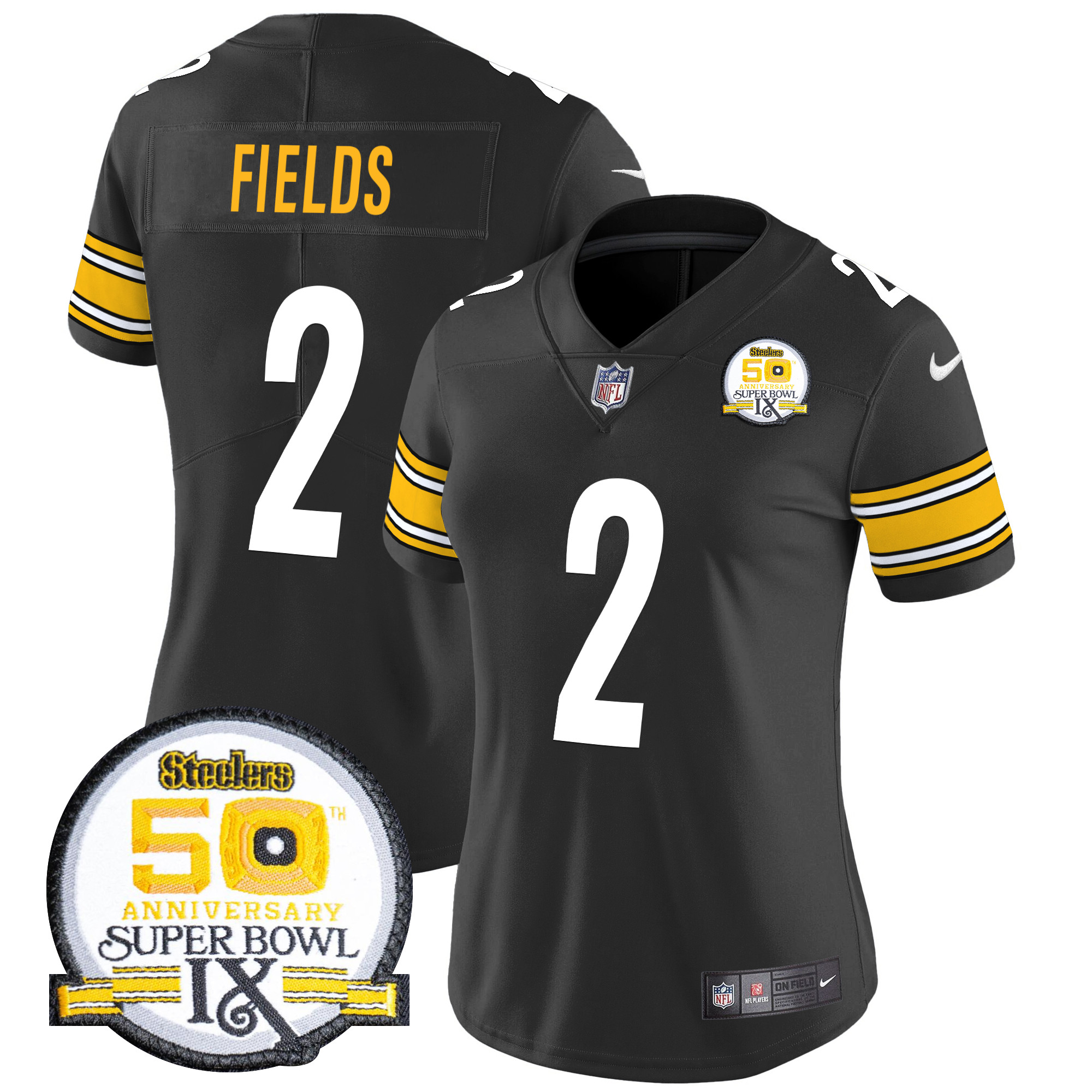 Justin Fields Women's Pittsburgh Steelers 50th Anniversary Of Super Bowl IX Patch Vapor Limited Black Jersey - All Stitched