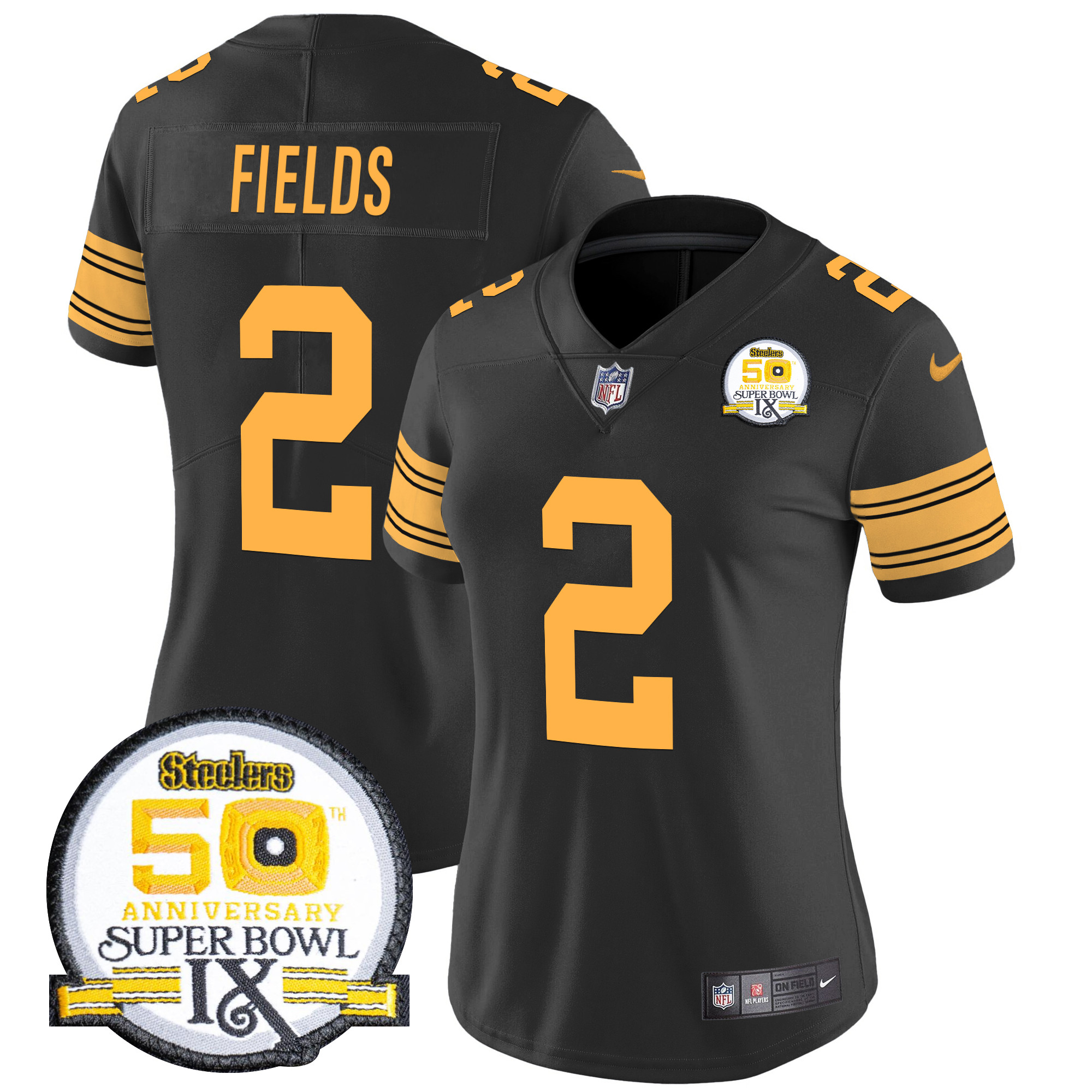 Justin Fields Women's Pittsburgh Steelers 50th Anniversary Of Super Bowl IX Patch Vapor Limited Color Rush Jersey - All Stitched