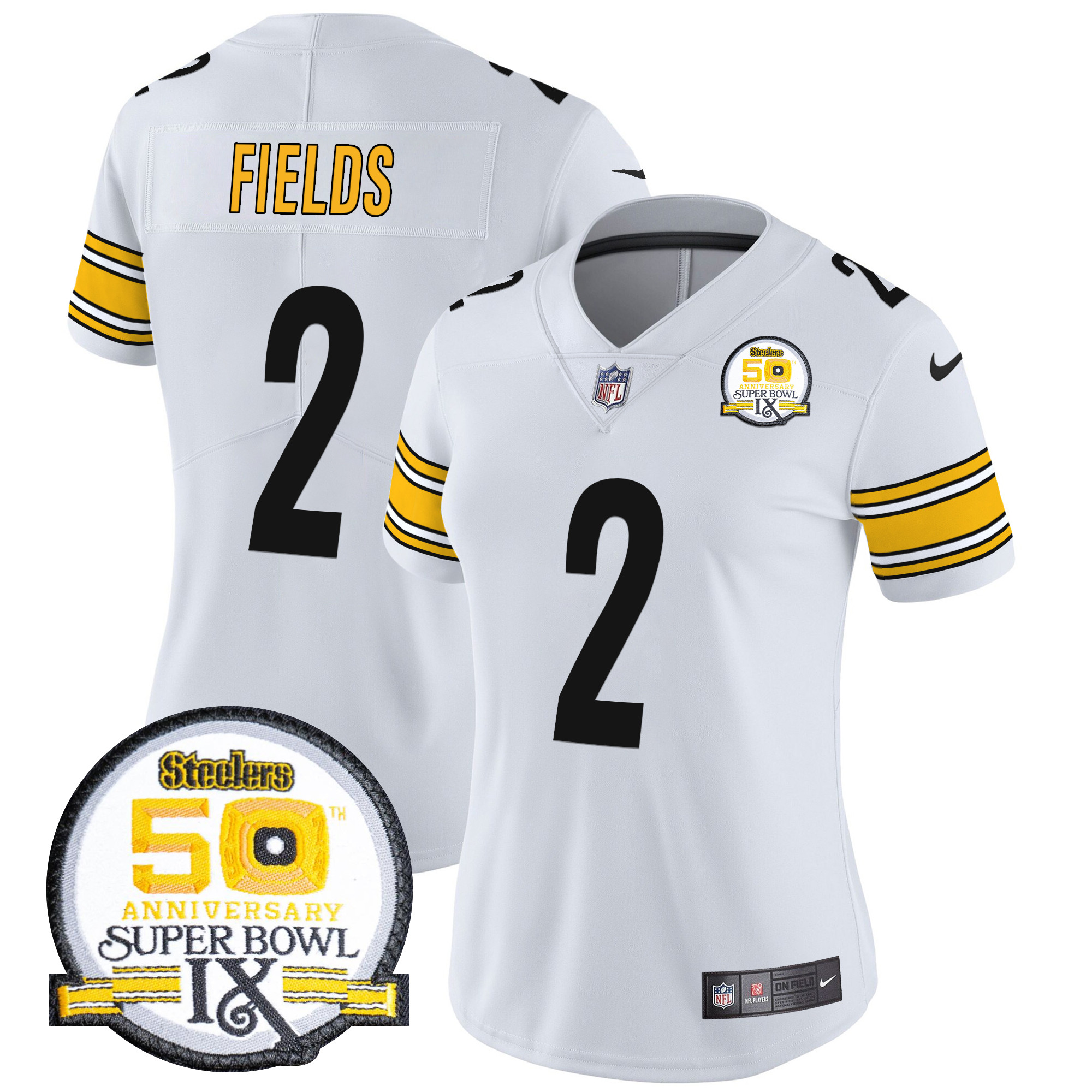 Justin Fields Women's Pittsburgh Steelers 50th Anniversary Of Super Bowl IX Patch Vapor Limited White Jersey - All Stitched