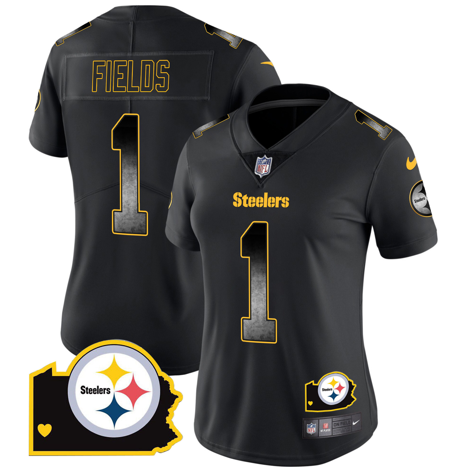 Justin Fields Women's Pittsburgh Steelers Arch Smoke Home Patch Vapor Black Jersey - All Stitched