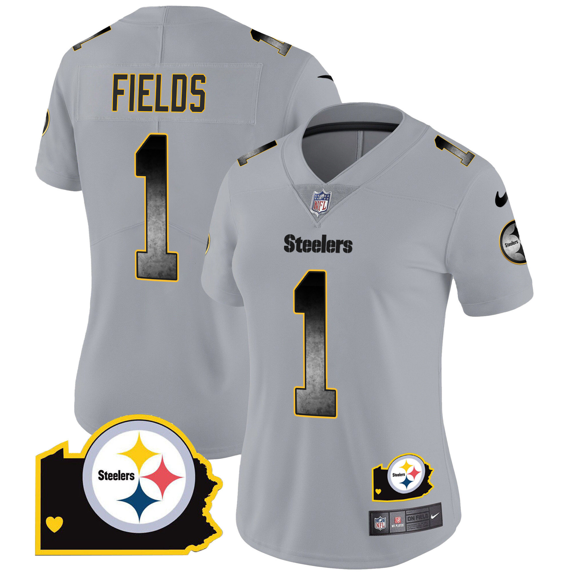 Justin Fields Women's Pittsburgh Steelers Arch Smoke Home Patch Vapor Gray Jersey - All Stitched