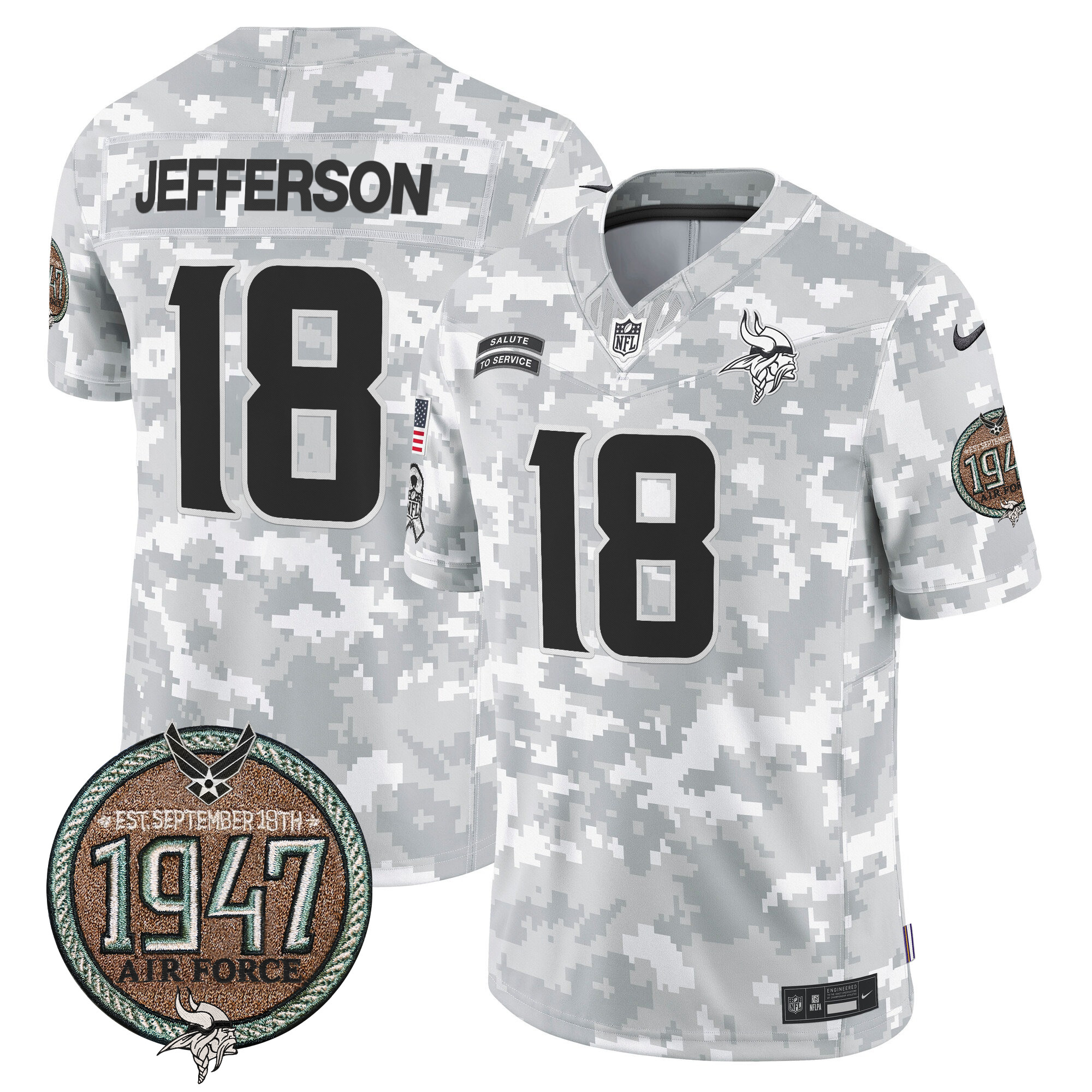 Justin Jefferson Men's Minnesota Vikings 2024 Salute to Service Establishment Year Patch Vapor Limited Air Force Jersey - All Stitched