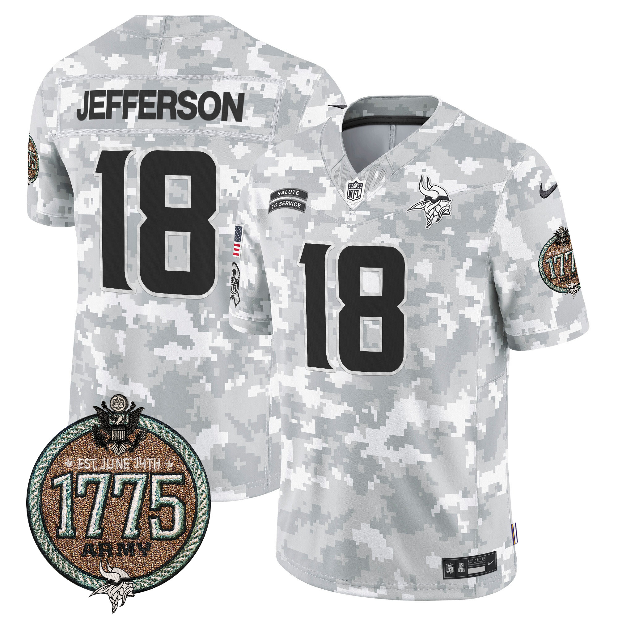 Justin Jefferson Men's Minnesota Vikings 2024 Salute to Service Establishment Year Patch Vapor Limited Army Jersey - All Stitched