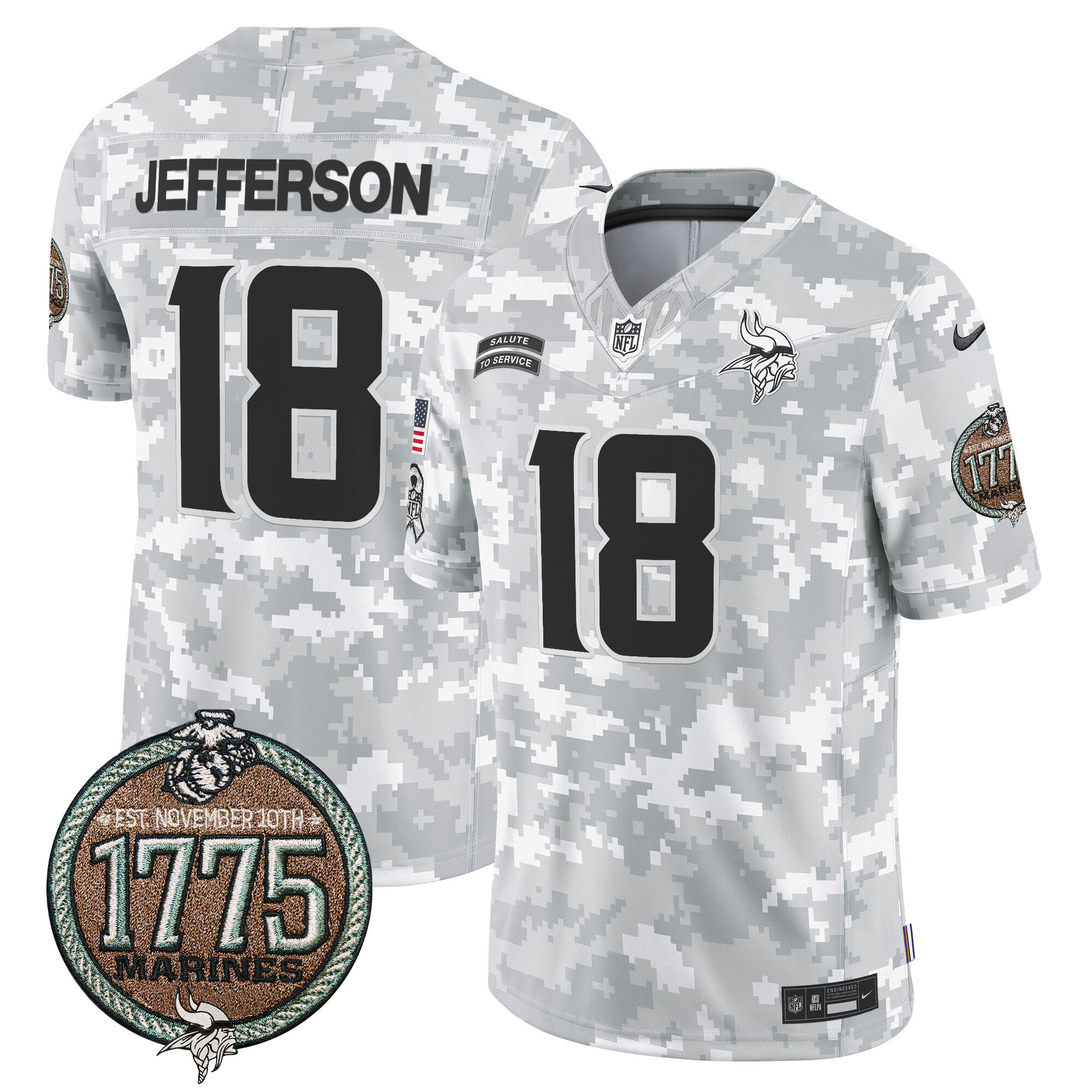 Justin Jefferson Men's Minnesota Vikings 2024 Salute to Service Establishment Year Patch Vapor Limited Marines Jersey - All Stitched