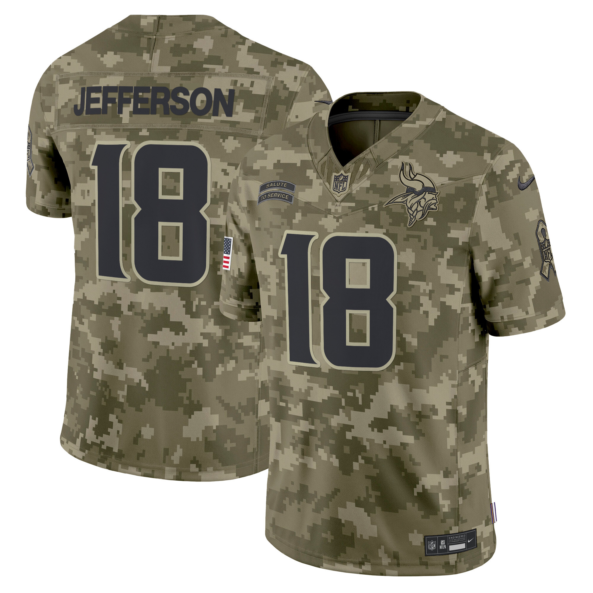 Justin Jefferson Men's Minnesota Vikings 2024 Salute to Service Vapor Limited Olive Camo Jersey - All Stitched