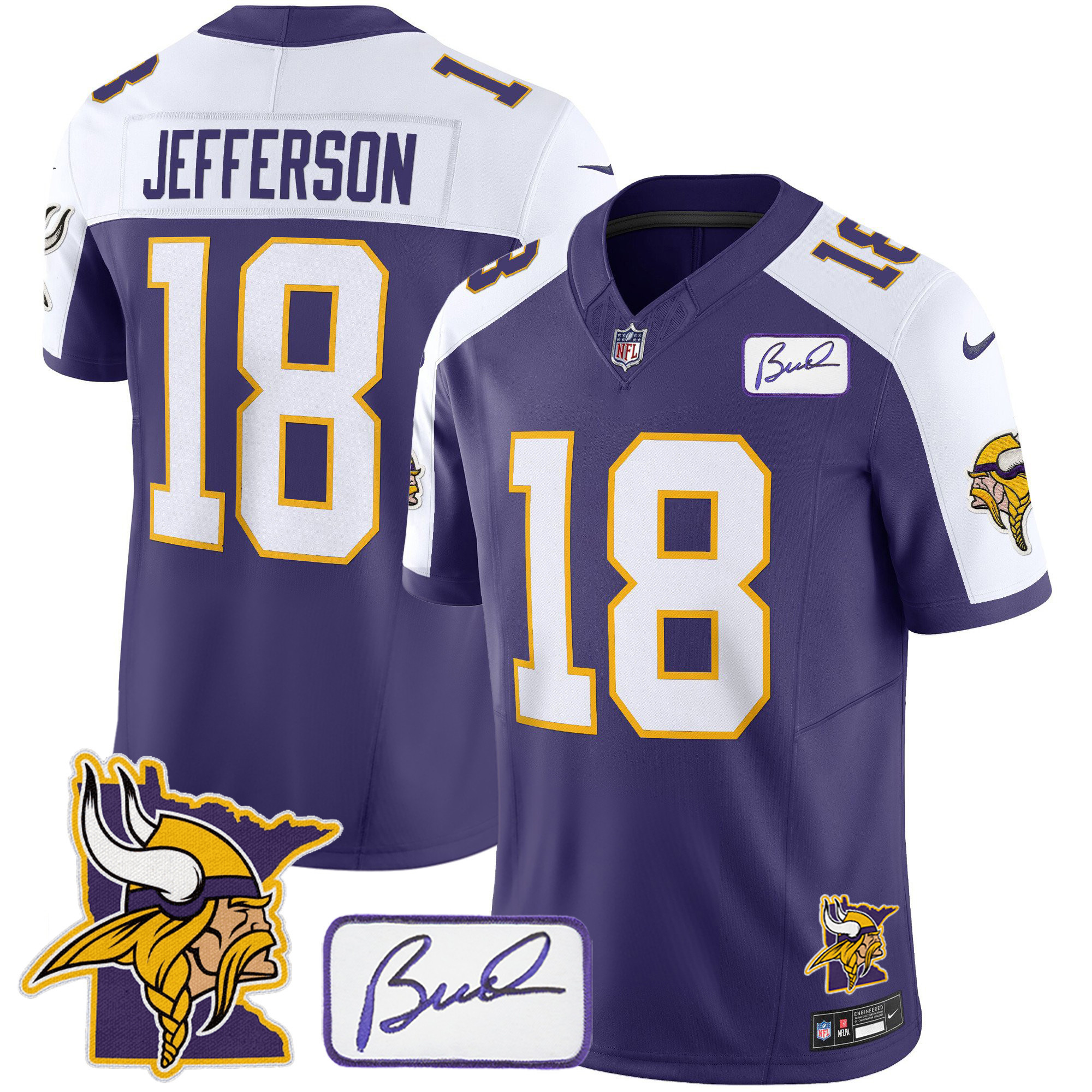Justin Jefferson Men's Minnesota Vikings Bud Grant & Minnesota Patch Classic Limited Purple Alternate Jersey - All Stitched