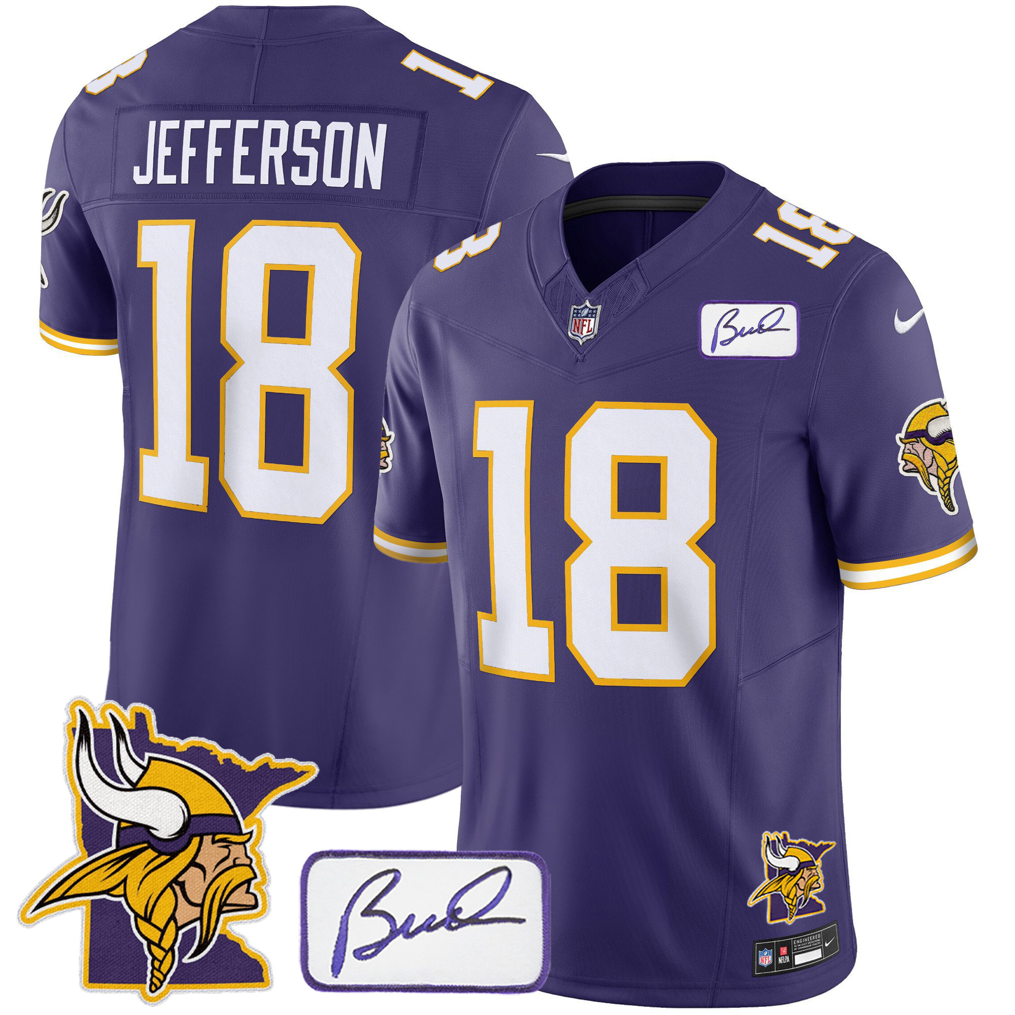 Justin Jefferson Men's Minnesota Vikings Bud Grant & Minnesota Patch Classic Limited Purple Jersey - All Stitched