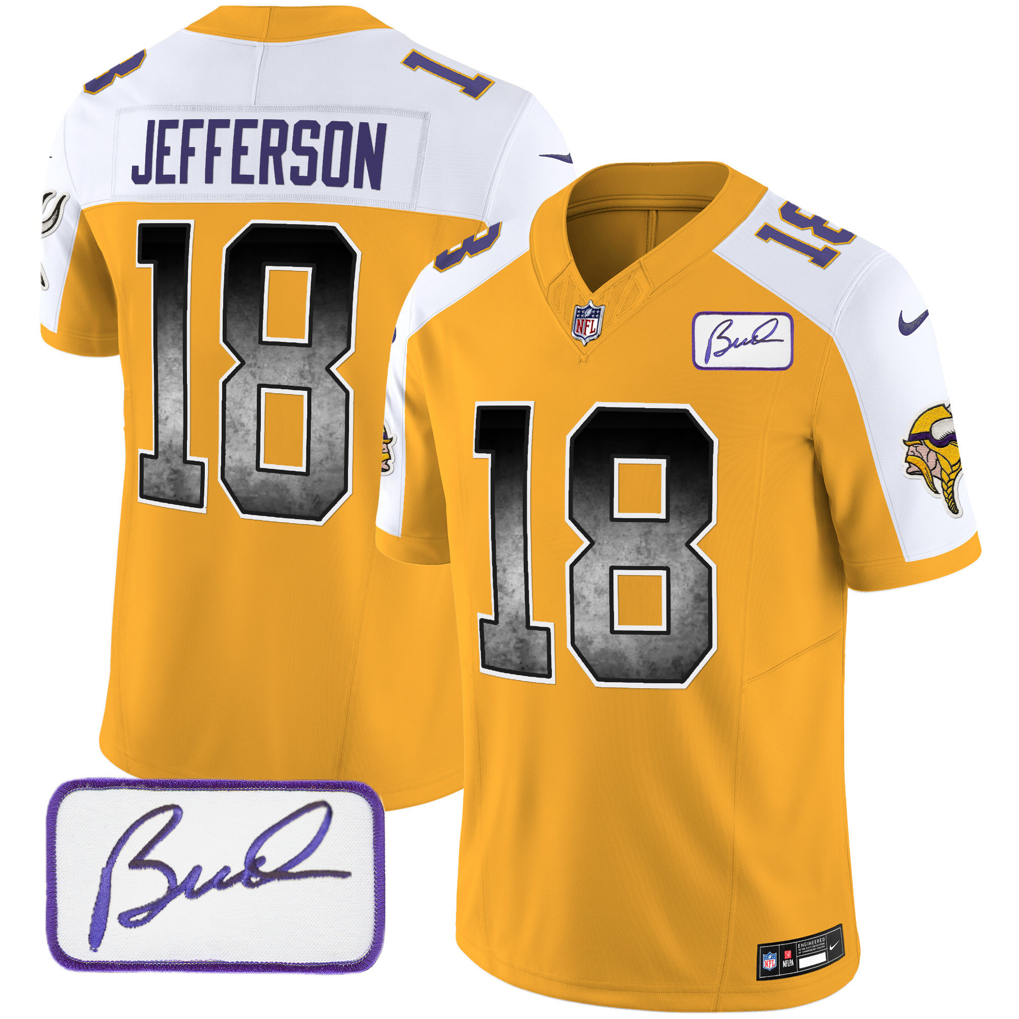 Justin Jefferson Men's Minnesota Vikings Bud Grant Patch Arch Smoke Vapor Gold Alternate Jersey - All Stitched