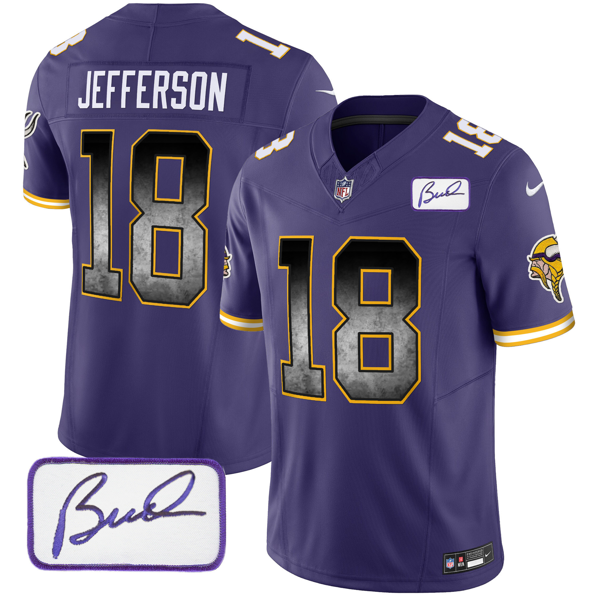 Justin Jefferson Men's Minnesota Vikings Bud Grant Patch Arch Smoke Vapor Purple Jersey - All Stitched