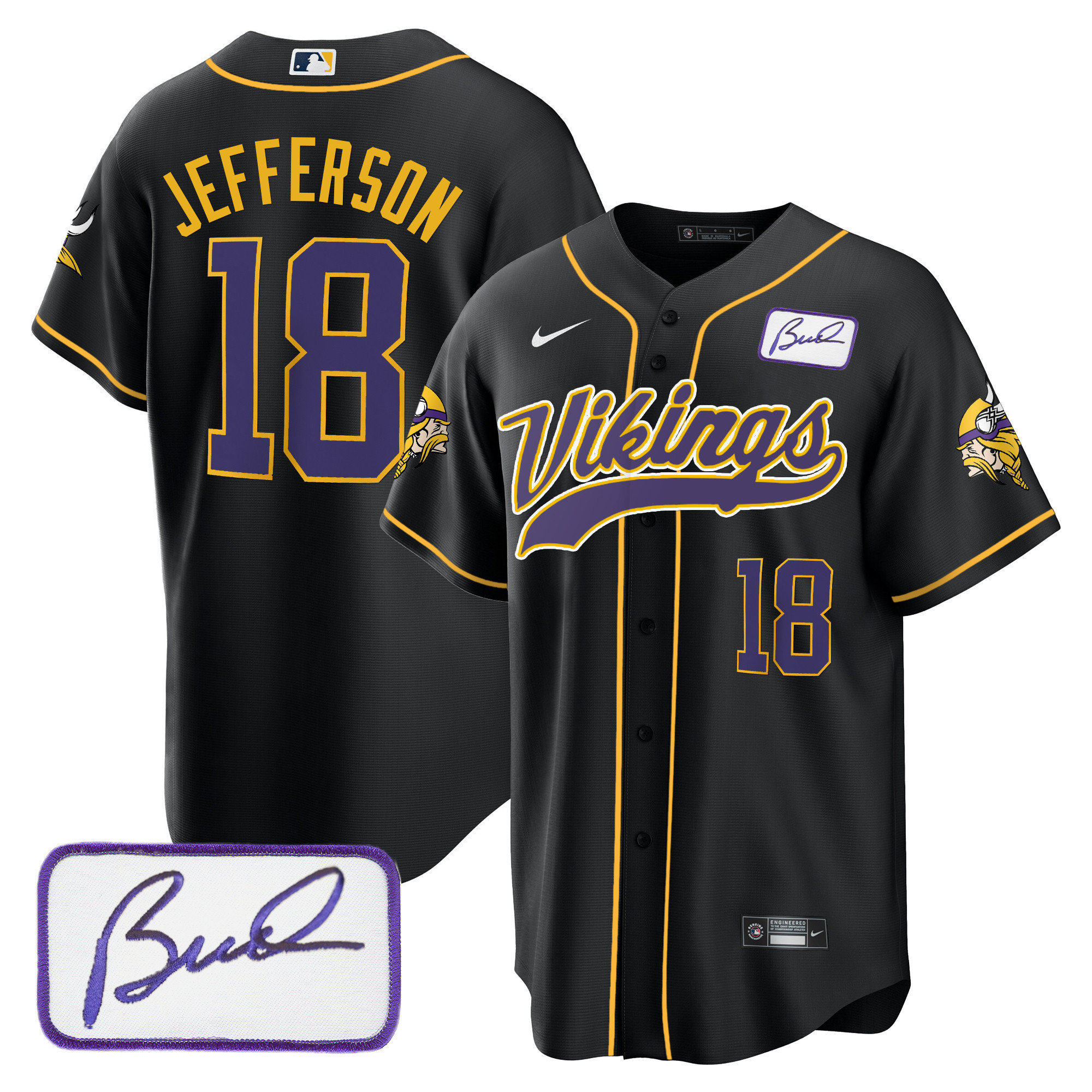 Justin Jefferson Men's Minnesota Vikings Bud Grant Patch Classic Baseball Black Jersey - All Stitched