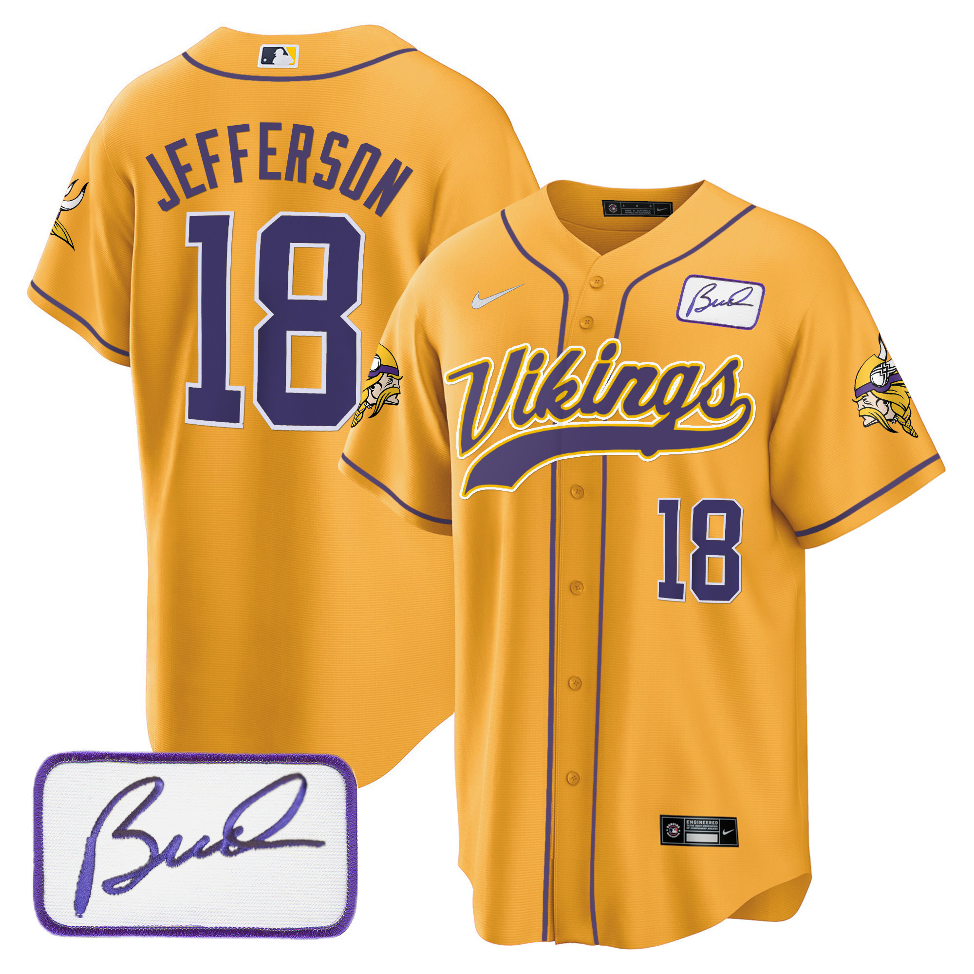 Justin Jefferson Men's Minnesota Vikings Bud Grant Patch Classic Baseball Gold Jersey - All Stitched