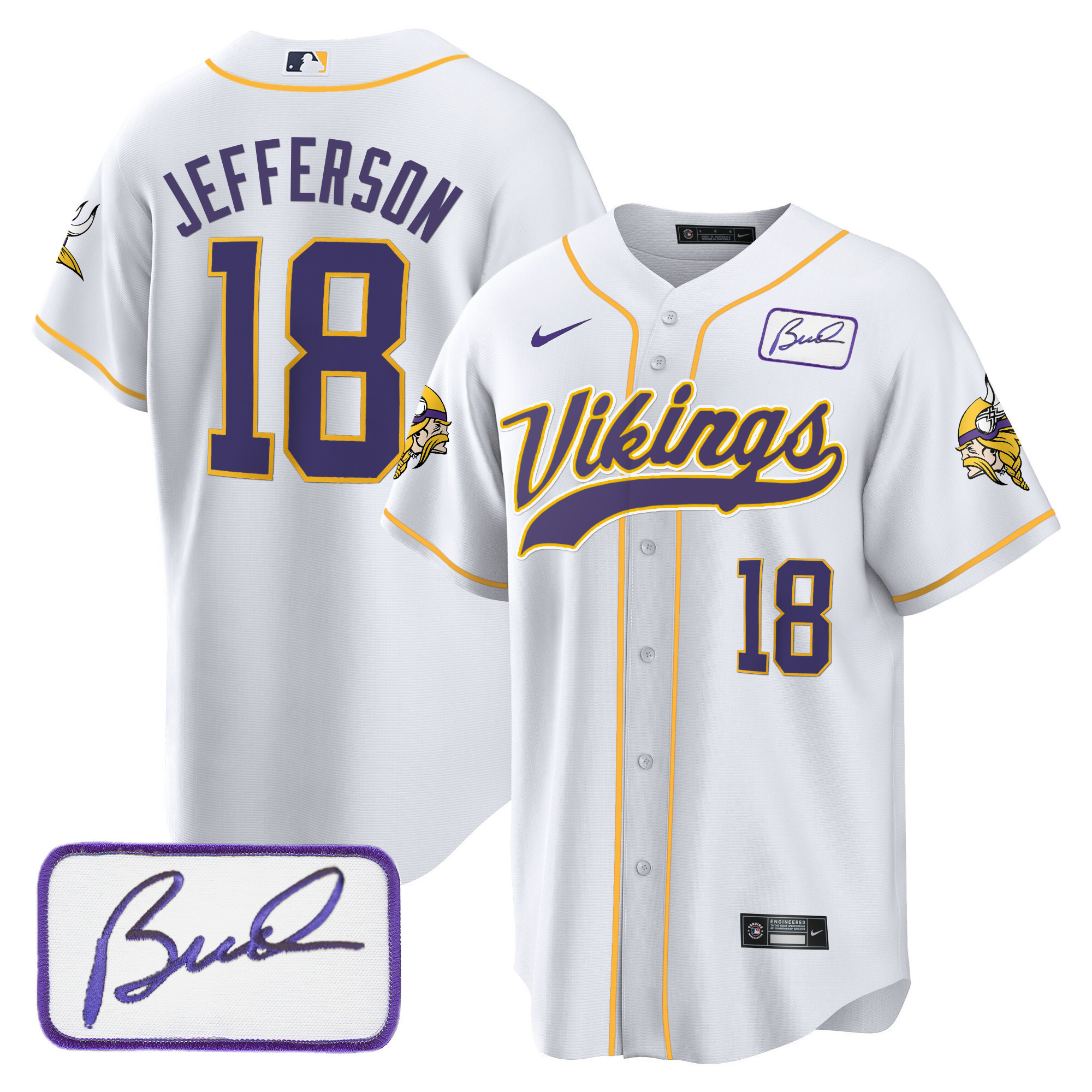 Justin Jefferson Men's Minnesota Vikings Bud Grant Patch Classic Baseball White Jersey - All Stitched