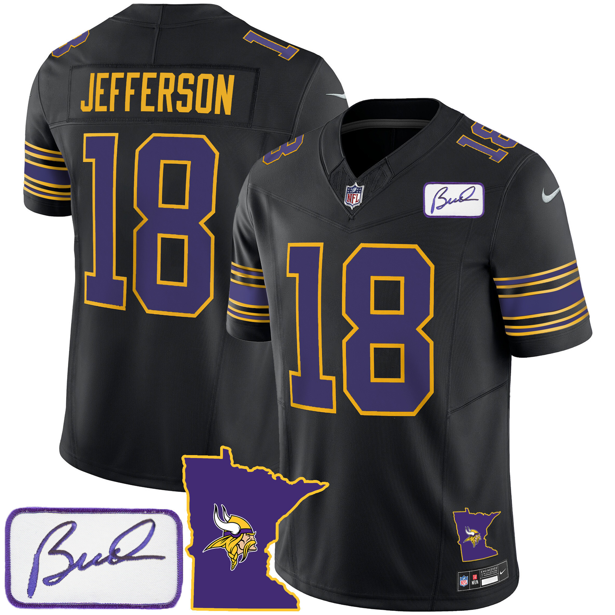 Justin Jefferson Men's Minnesota Vikings Bud Grant Patch Classic Limited Black Jersey - All Stitched