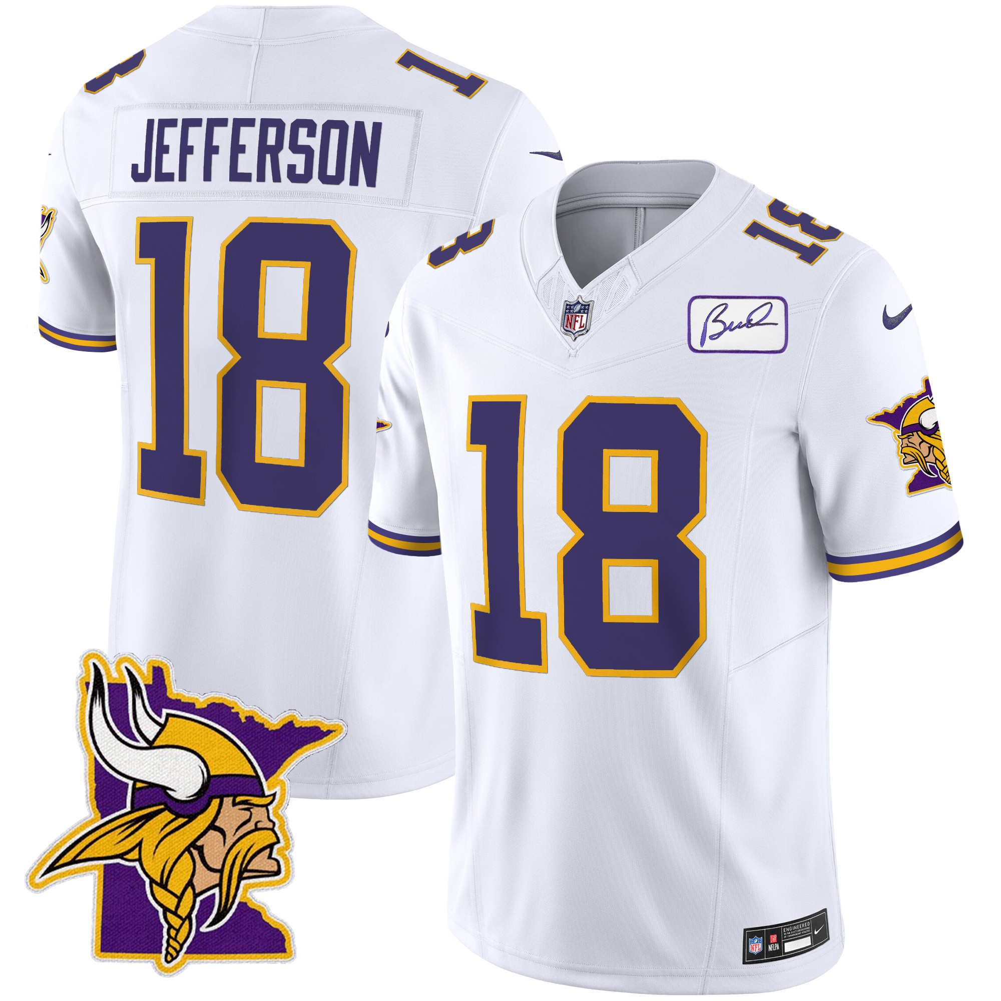 Justin Jefferson Men's Minnesota Vikings Bud Grant Patch Classic Limited White Jersey - All Stitched