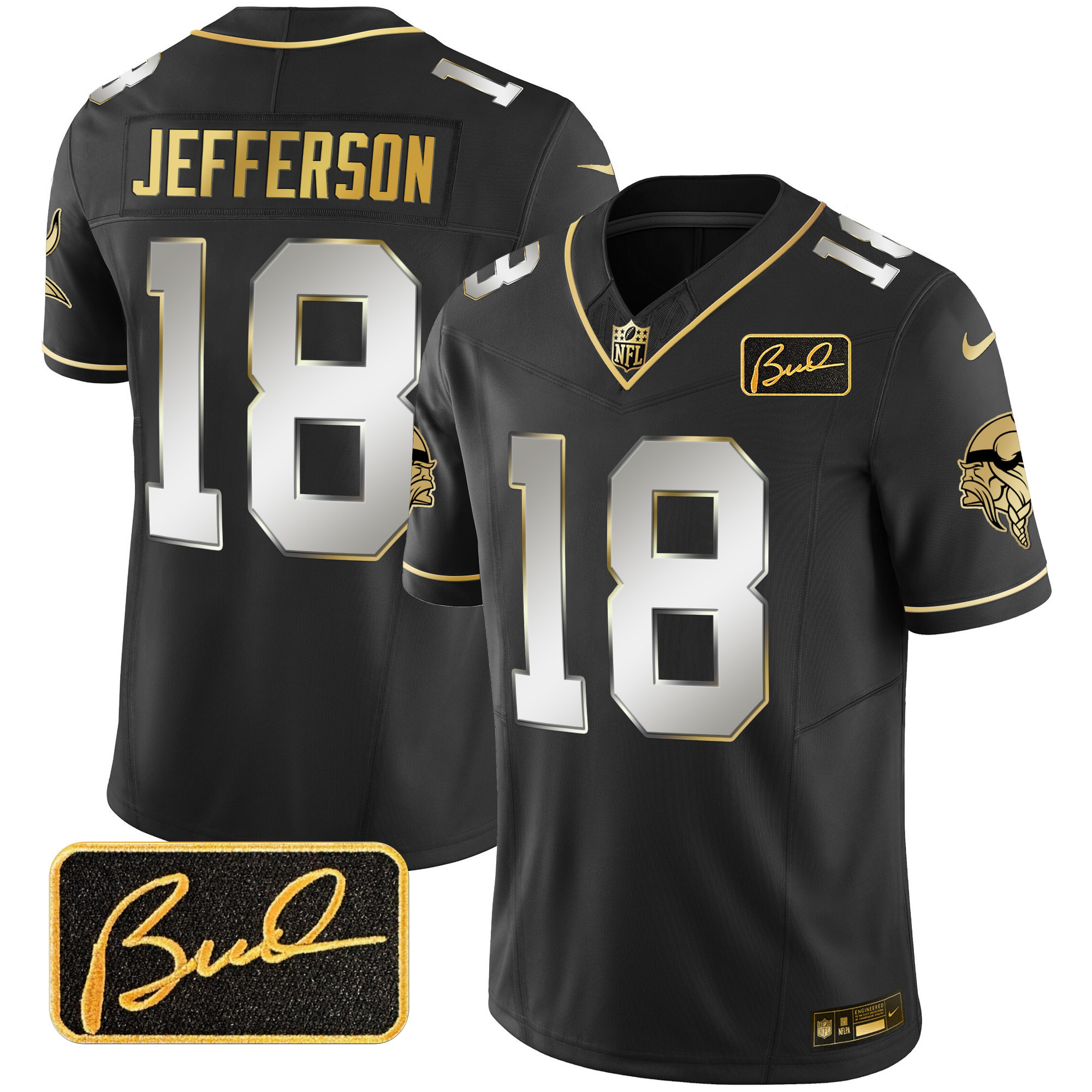 Justin Jefferson Men's Minnesota Vikings Bud Grant Patch Gold Limited Black Limited Jersey - All Stitched