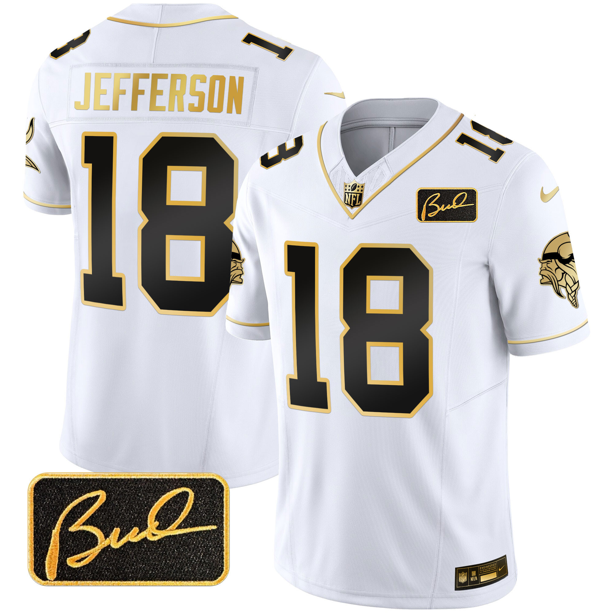 Justin Jefferson Men's Minnesota Vikings Bud Grant Patch Gold Limited White Gold Jersey - All Stitched