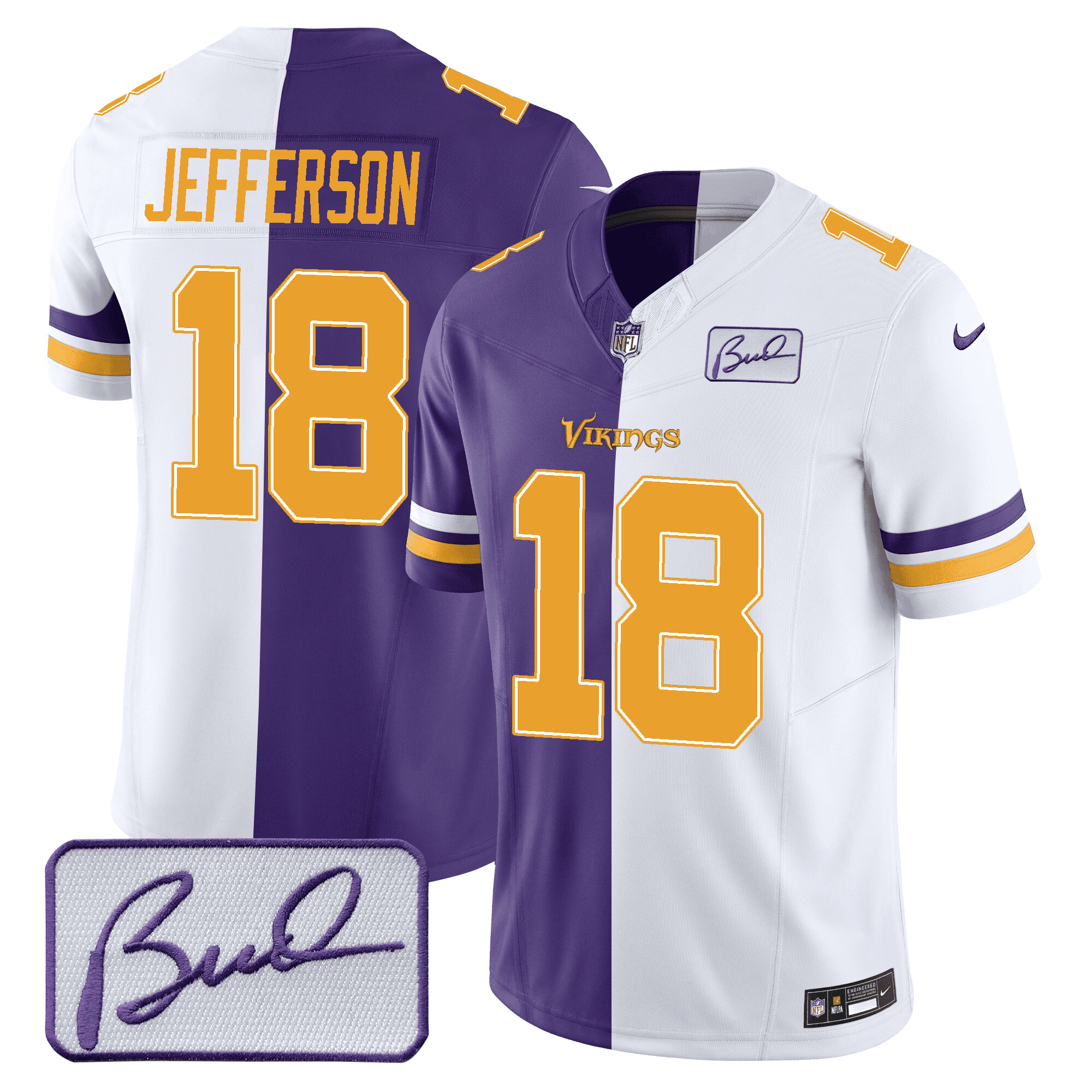 Justin Jefferson Men's Minnesota Vikings Bud Grant Patch Purple/ White Split Split Jersey - All Stitched