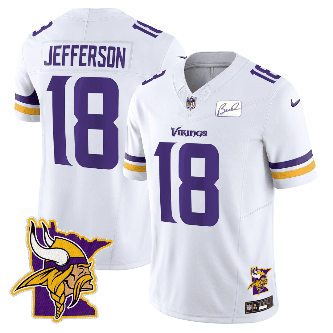 Justin Jefferson Men's Minnesota Vikings Honor Bud Grant & Minnesota Map Patch Limited White Jersey - All Stitched