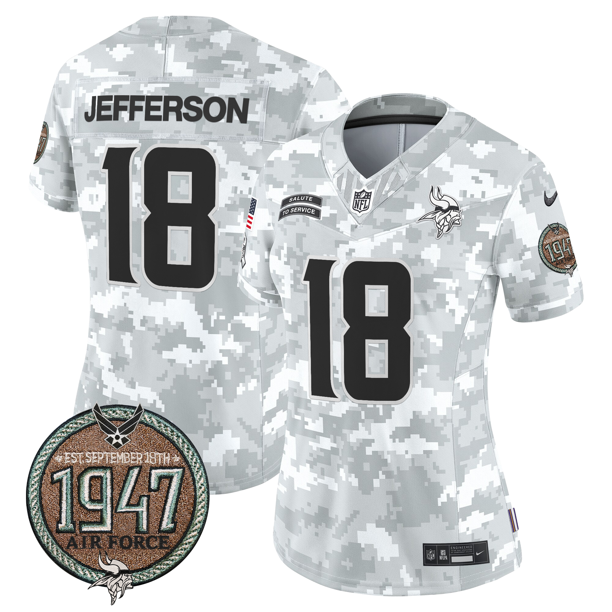 Justin Jefferson Women's Minnesota Vikings 2024 Salute to Service Establishment Year Patch Vapor Limited Air Force Jersey - All Stitched