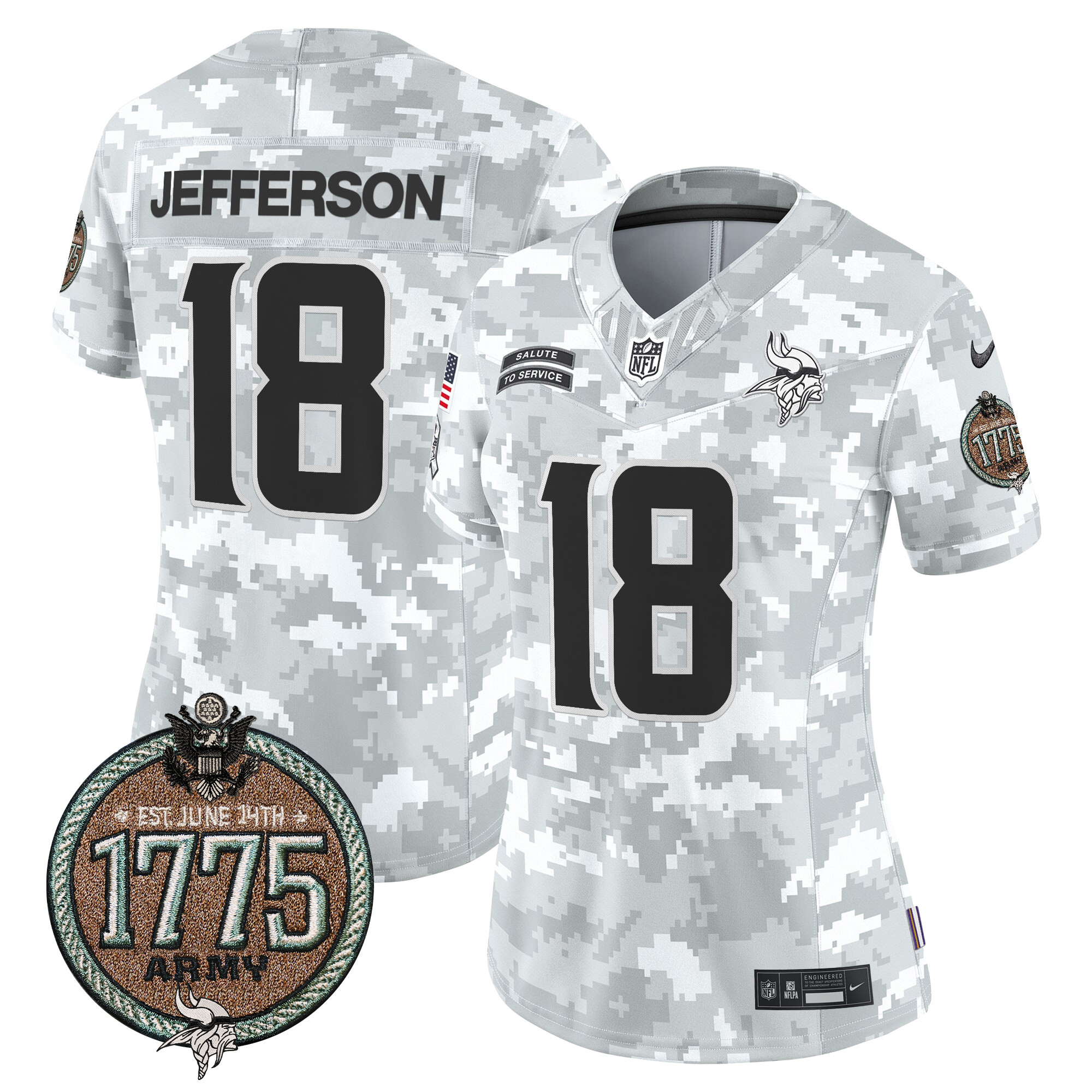 Justin Jefferson Women's Minnesota Vikings 2024 Salute to Service Establishment Year Patch Vapor Limited Army Jersey - All Stitched