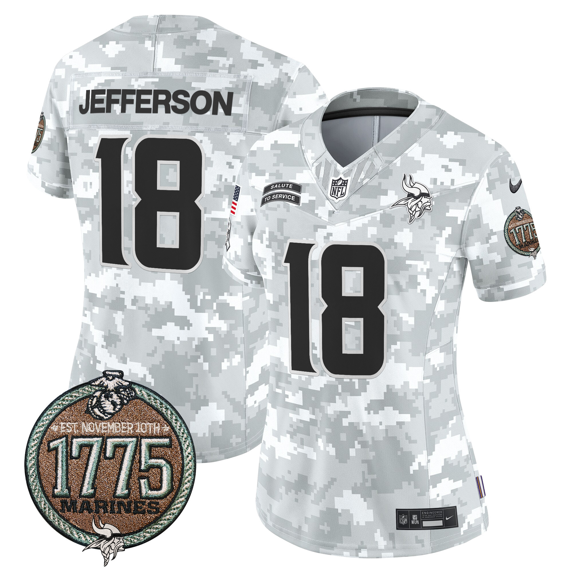 Justin Jefferson Women's Minnesota Vikings 2024 Salute to Service Establishment Year Patch Vapor Limited Marines Jersey - All Stitched