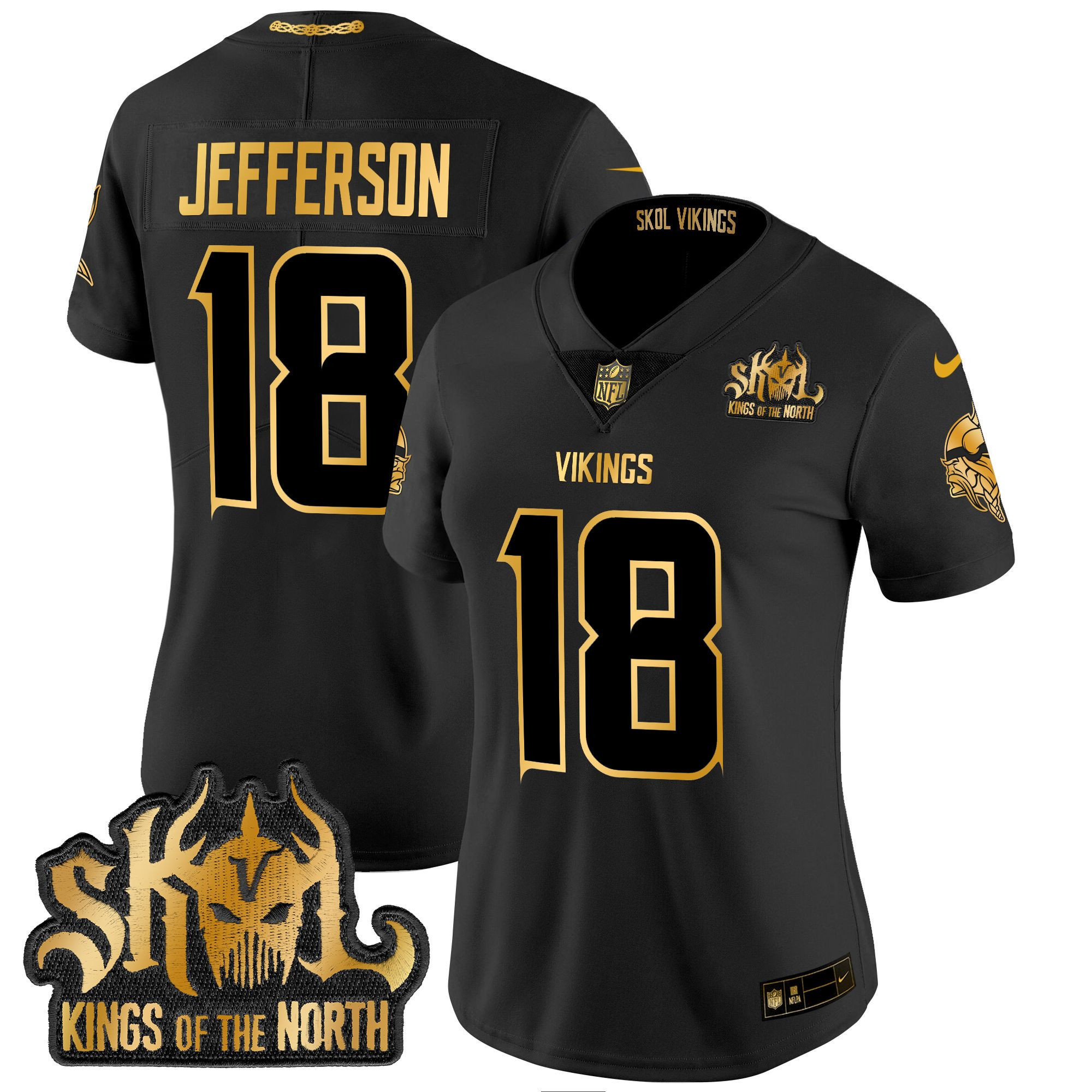 Justin Jefferson Women's Minnesota Vikings 2024 Winter Warrior Skol Patch Gold Vapor Limited Black Gold Jersey - All Stitched