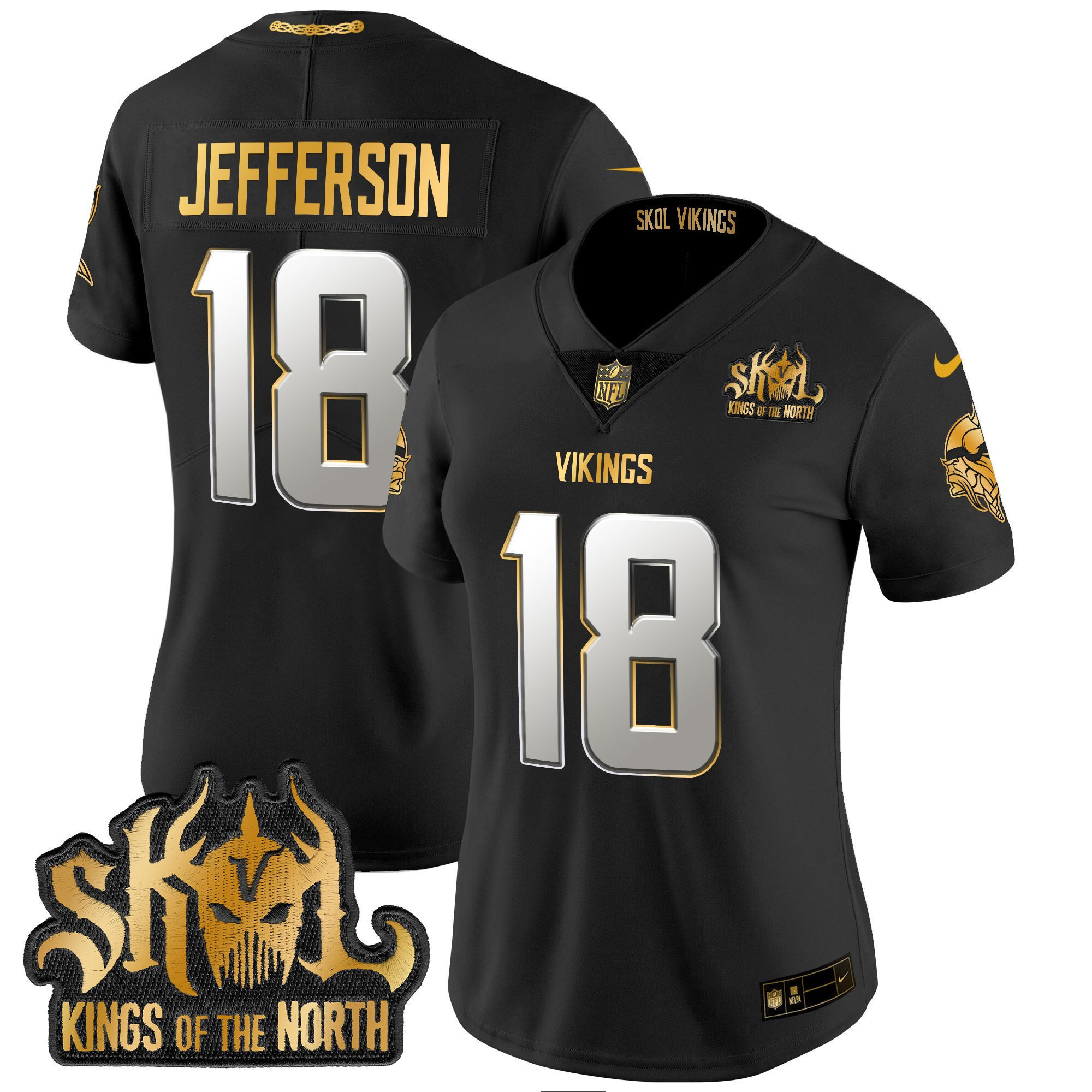 Justin Jefferson Women's Minnesota Vikings 2024 Winter Warrior Skol Patch Gold Vapor Limited Black Limited Jersey - All Stitched