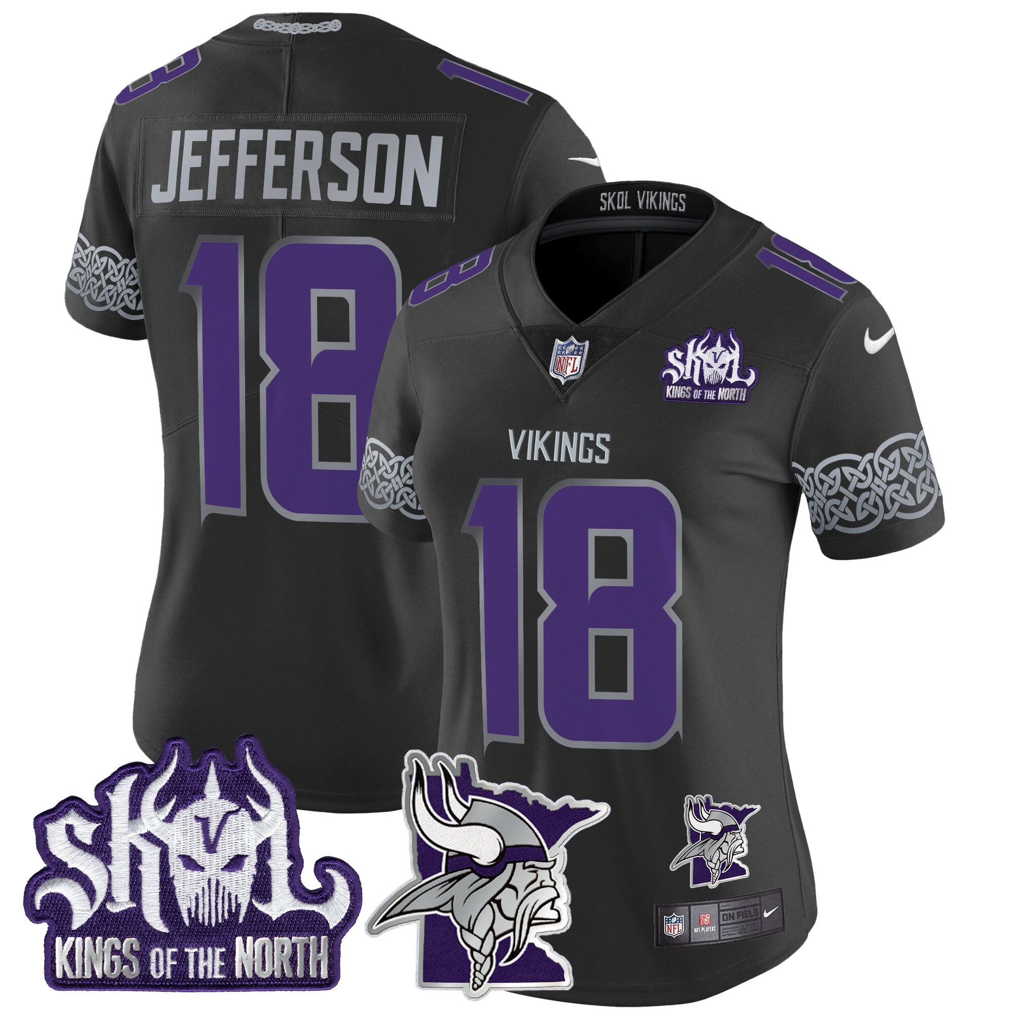 Justin Jefferson Women's Minnesota Vikings 2024 Winter Warrior Skol Patch Vapor Limited Black Jersey - All Stitched