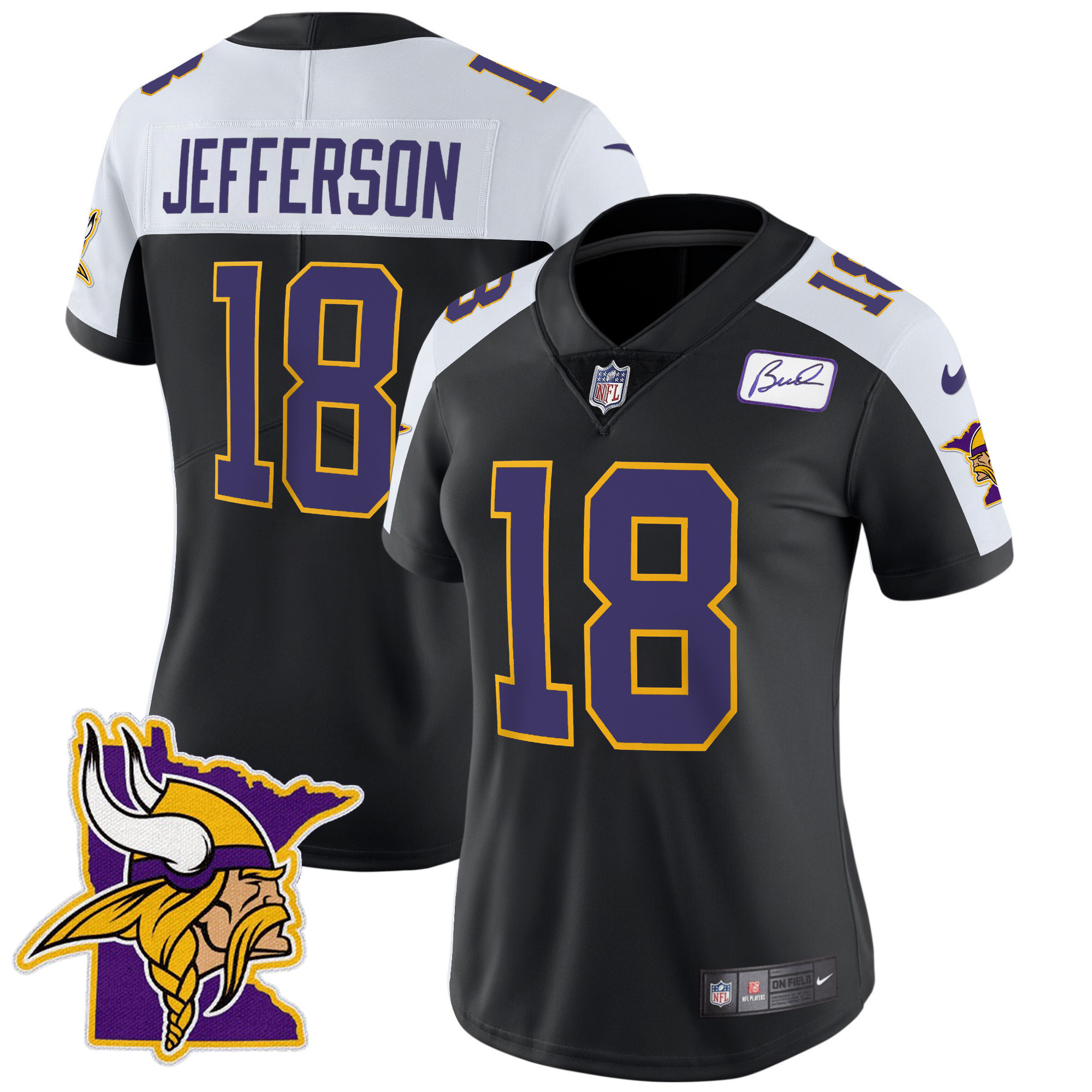 Justin Jefferson Women's Minnesota Vikings Bud Grant Patch Classic Limited Black Alternate Jersey - All Stitched