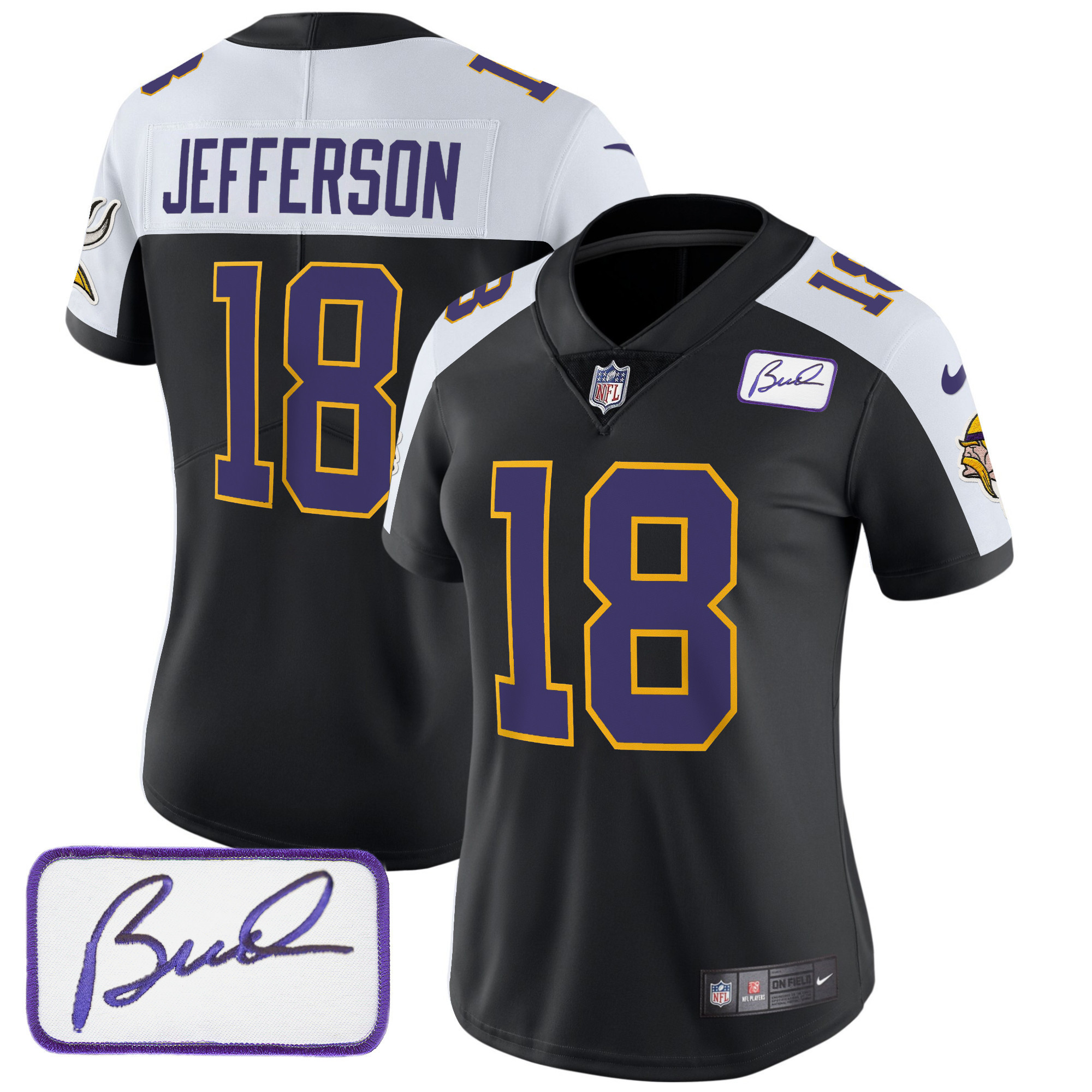 Justin Jefferson Women's Minnesota Vikings Bud Grant Patch Classic Limited Black Alternate Jersey - All Stitched