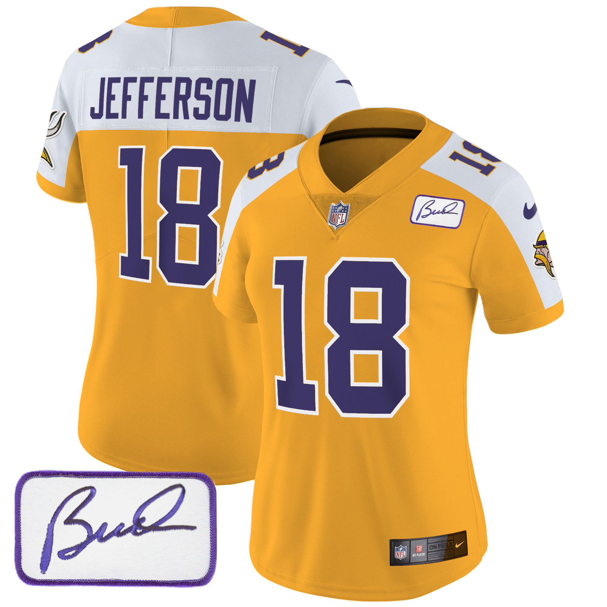 Justin Jefferson Women's Minnesota Vikings Bud Grant Patch Classic Limited Gold Alternate Jersey - All Stitched
