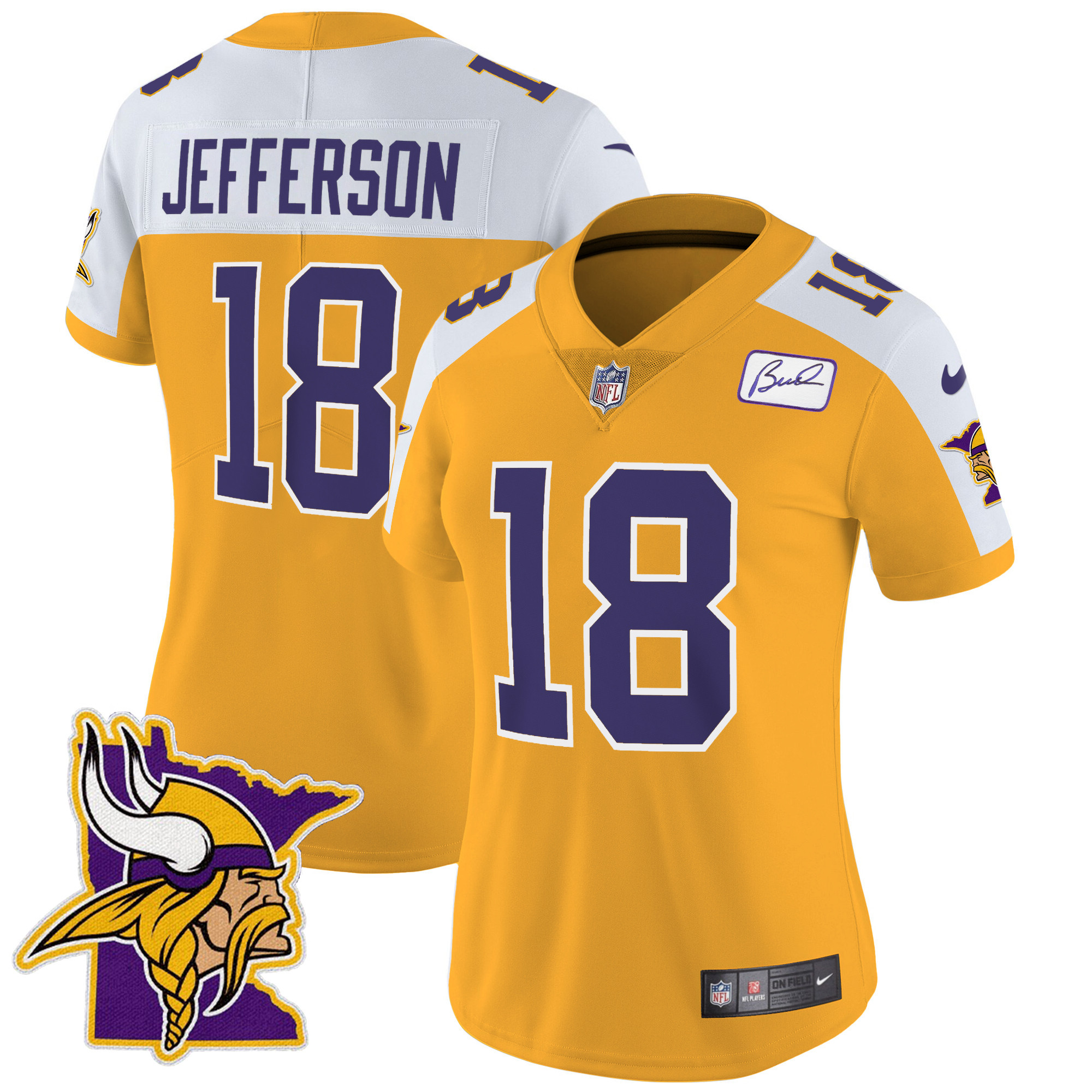 Justin Jefferson Women's Minnesota Vikings Bud Grant Patch Classic Limited Gold Alternate Jersey - All Stitched