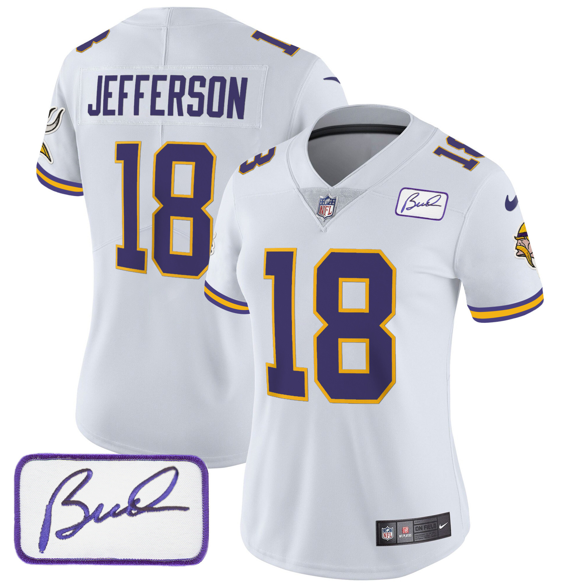 Justin Jefferson Women's Minnesota Vikings Bud Grant Patch Classic Limited White Jersey - All Stitched