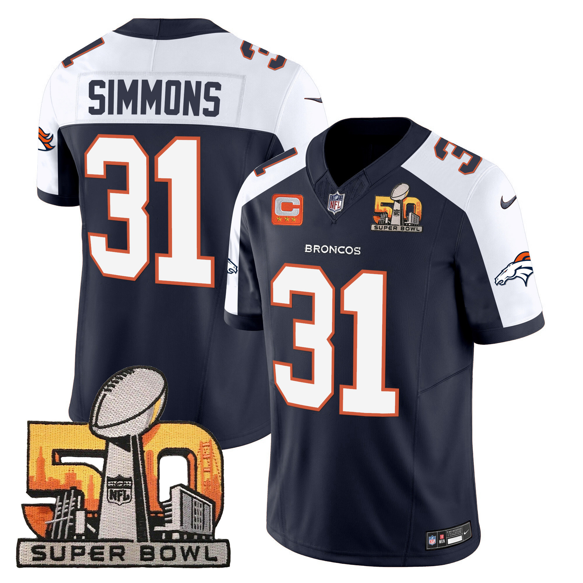 Justin Simmons Men's Denver Broncos Super Bowl 50 Patch Vapor Navy Alternate Jersey - All Stitched