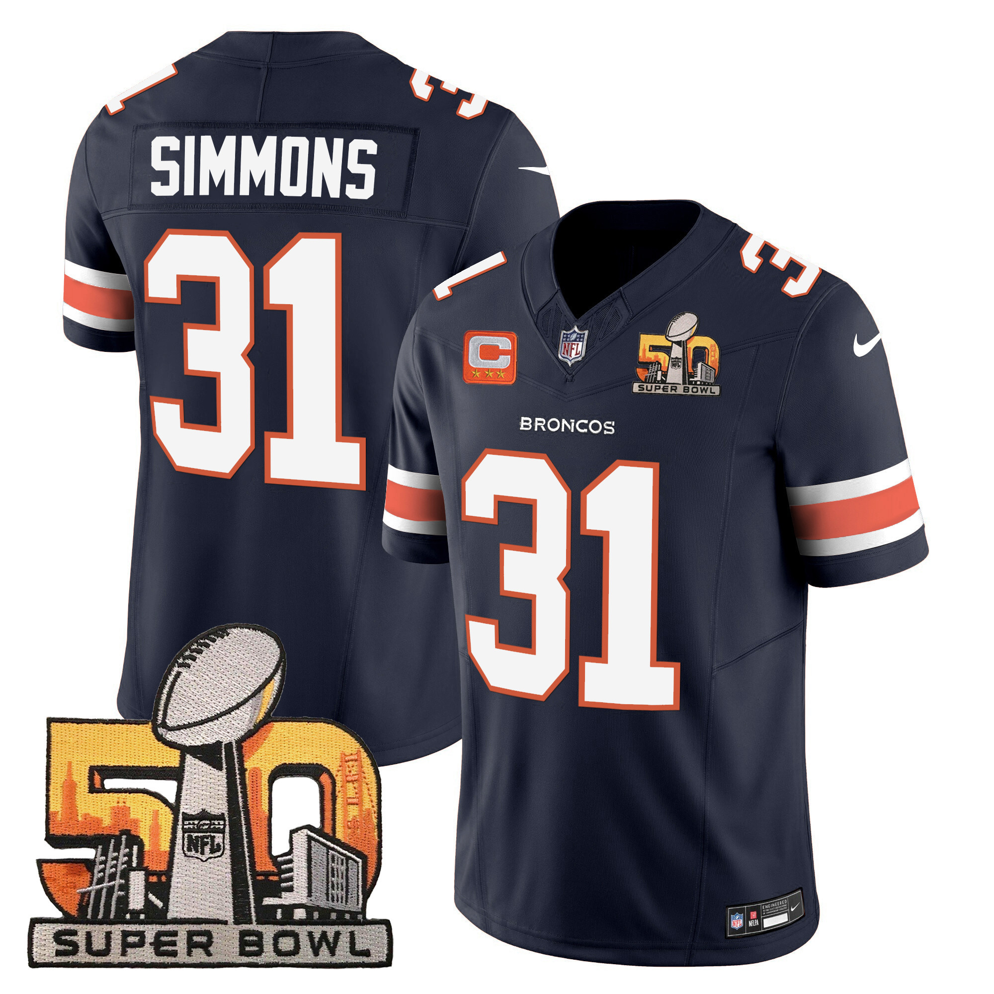 Justin Simmons Men's Denver Broncos Super Bowl 50 Patch Vapor Navy Jersey - All Stitched