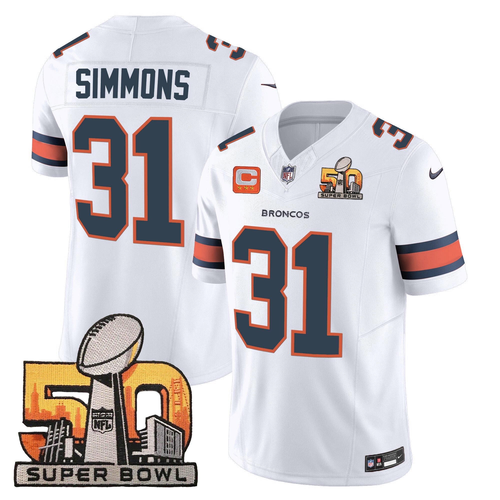 Justin Simmons Men's Denver Broncos Super Bowl 50 Patch Vapor White Jersey - All Stitched