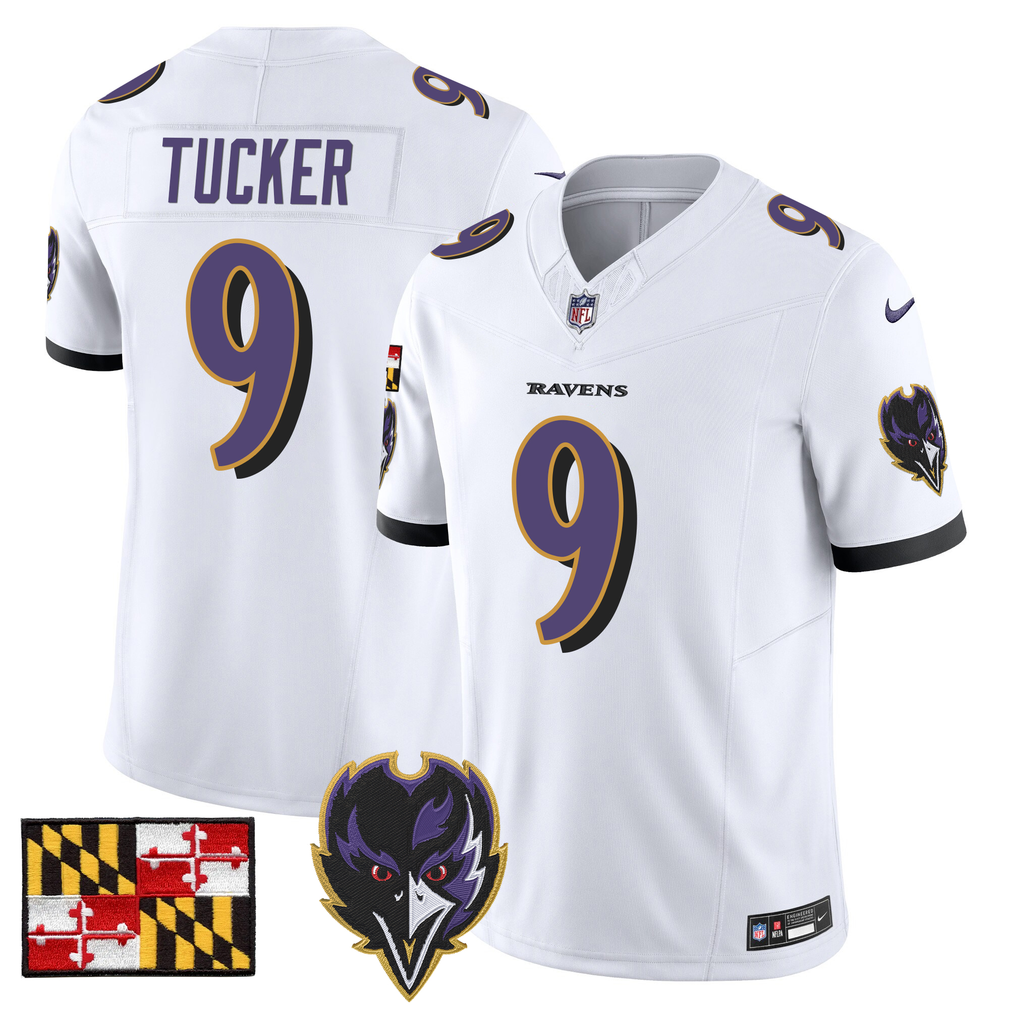 Justin Tucker Men's Baltimore Ravens 2024 Maryland Flag Vapor Limited White Jersey - All Stitched