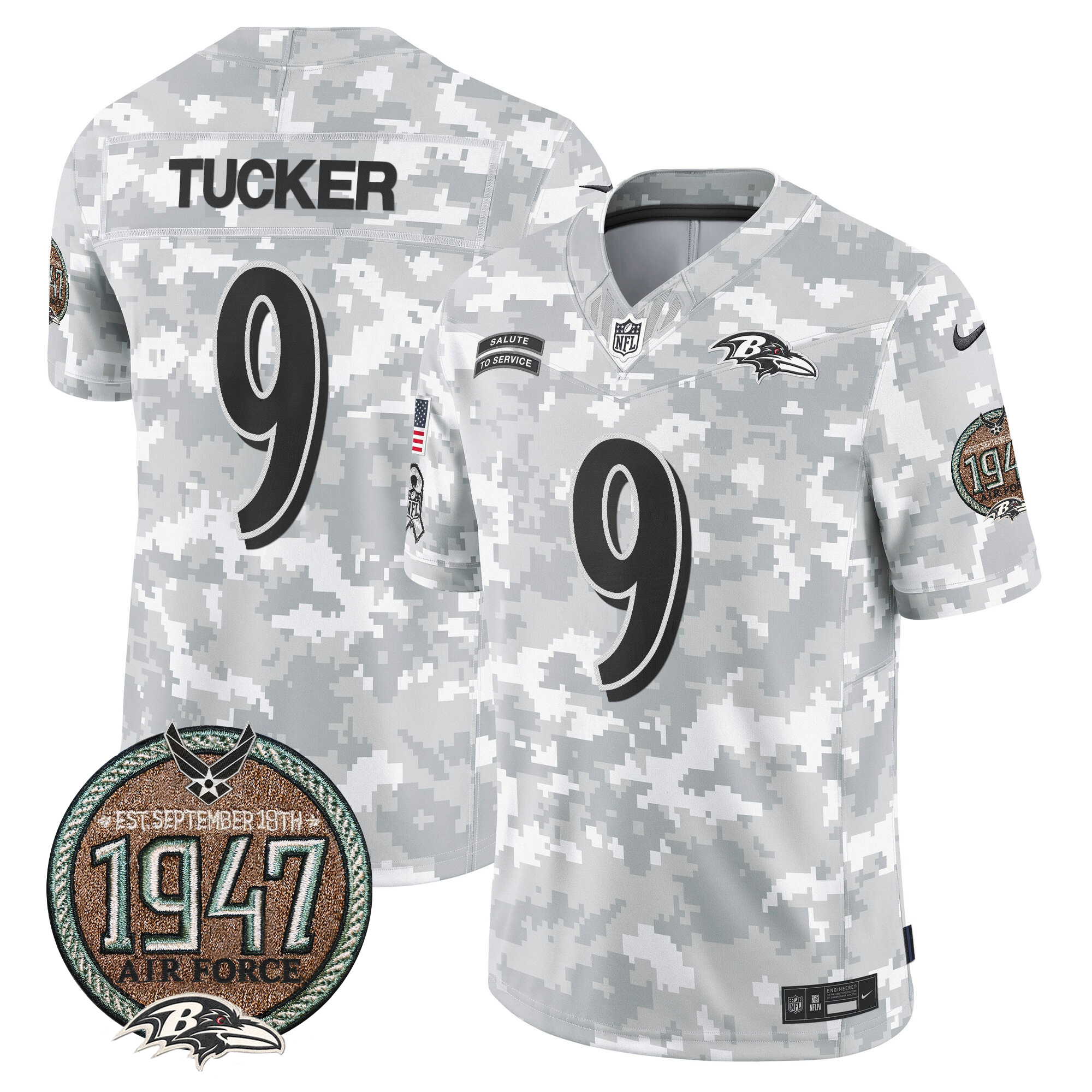 Justin Tucker Men's Baltimore Ravens 2024 Salute to Service Establishment Year Patch Vapor Limited Air Force Jersey - All Stitched