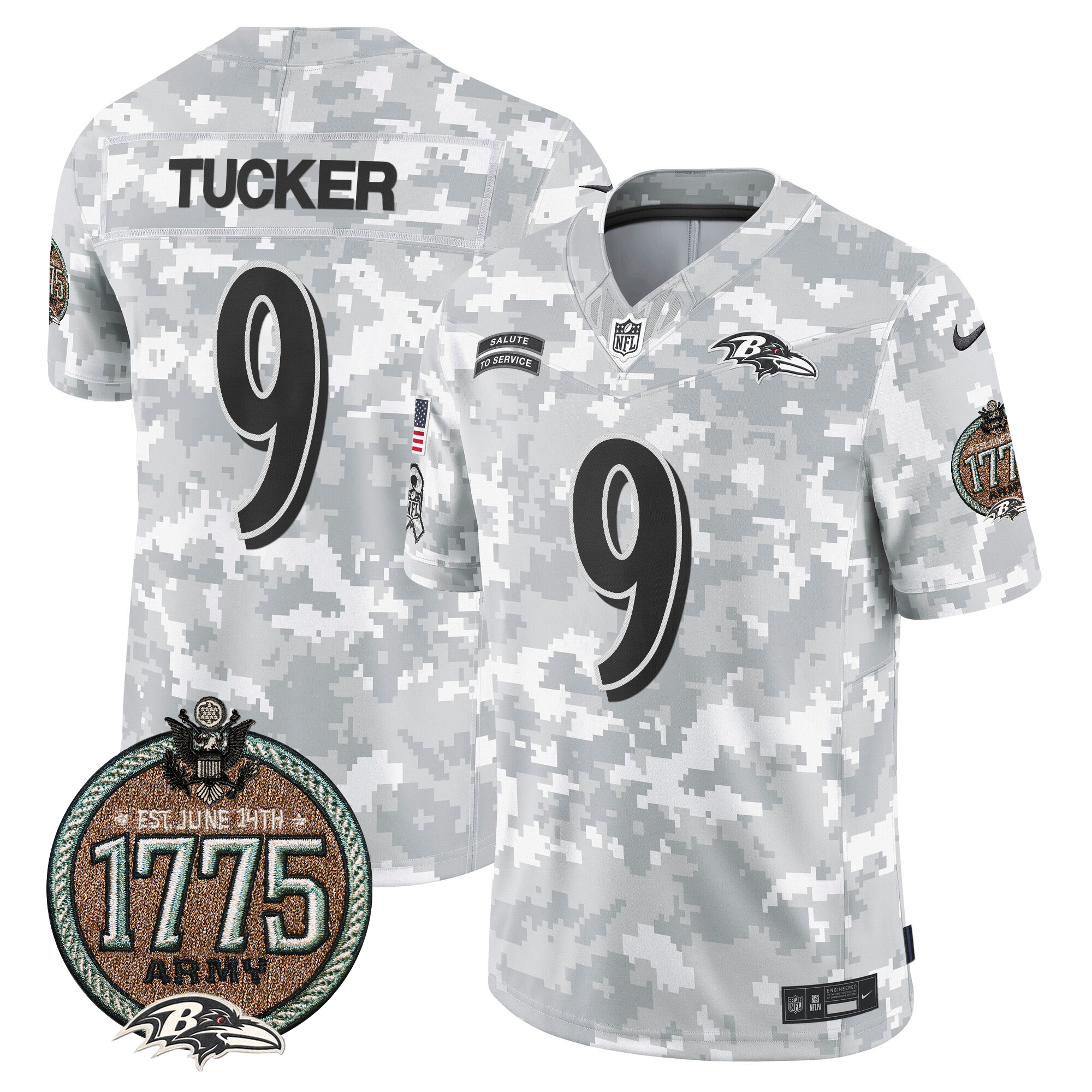 Justin Tucker Men's Baltimore Ravens 2024 Salute to Service Establishment Year Patch Vapor Limited Army Jersey - All Stitched