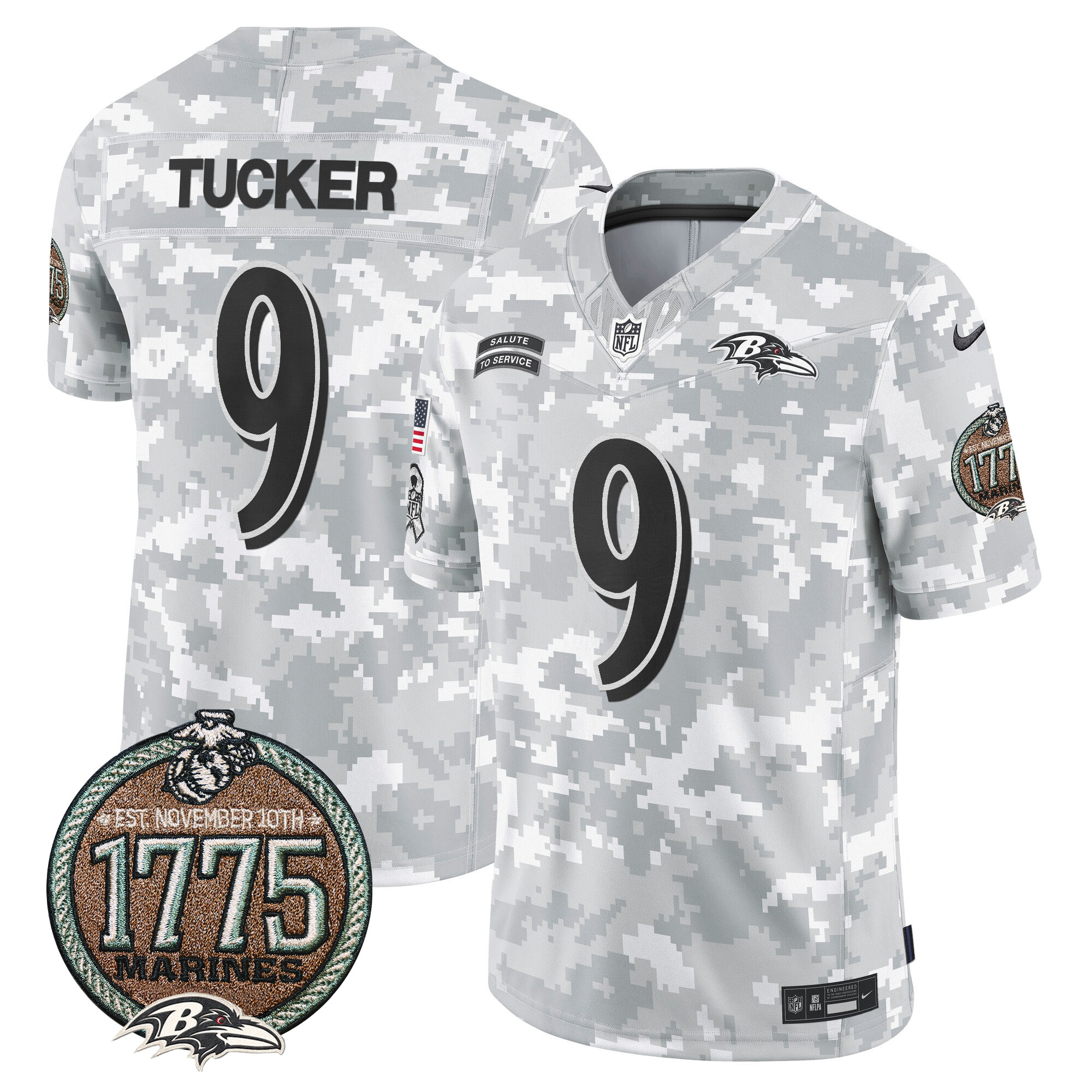 Justin Tucker Men's Baltimore Ravens 2024 Salute to Service Establishment Year Patch Vapor Limited Marines Jersey - All Stitched