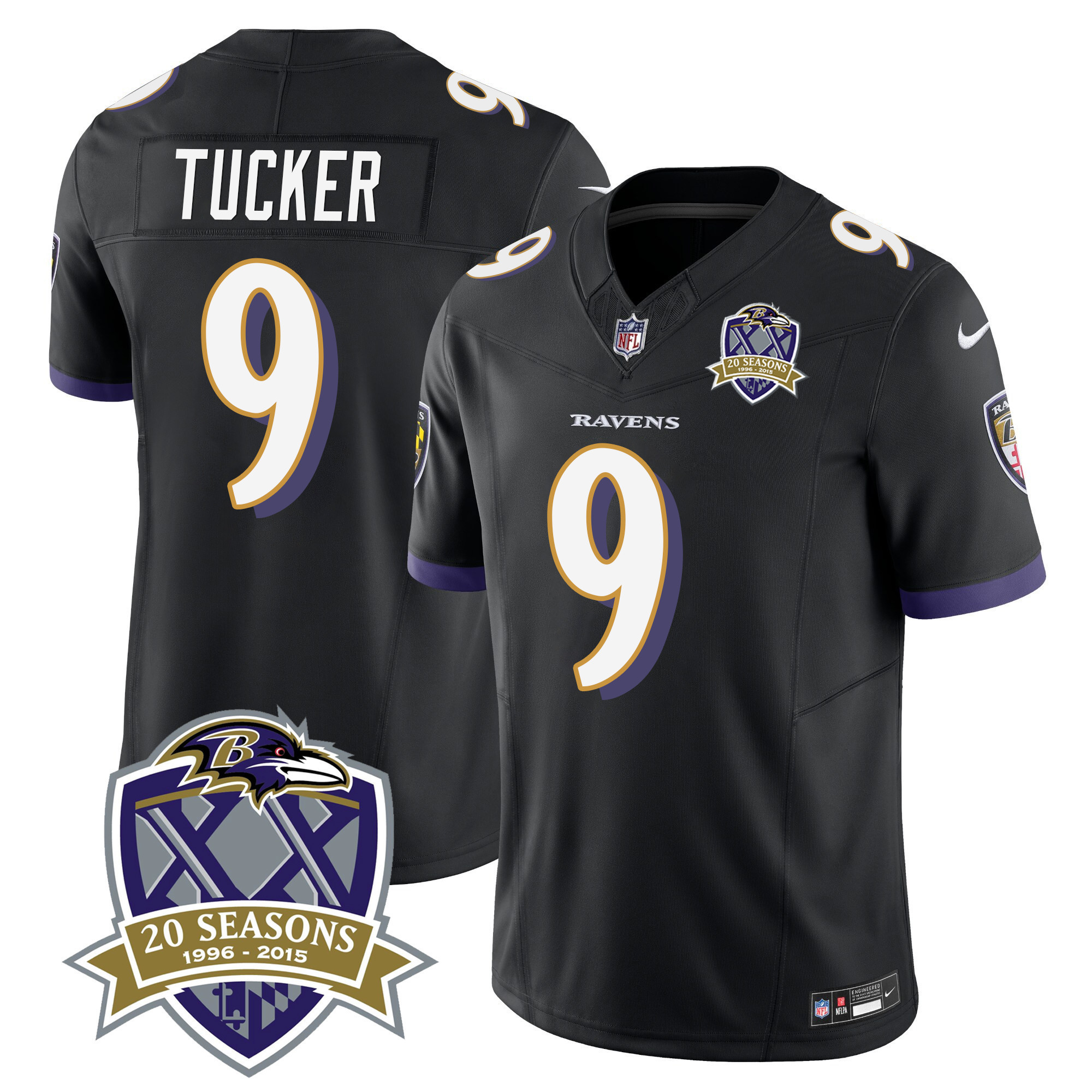 Justin Tucker Men's Baltimore Ravens 20th Season Patch Vapor Limited Black Jersey - All Stitched