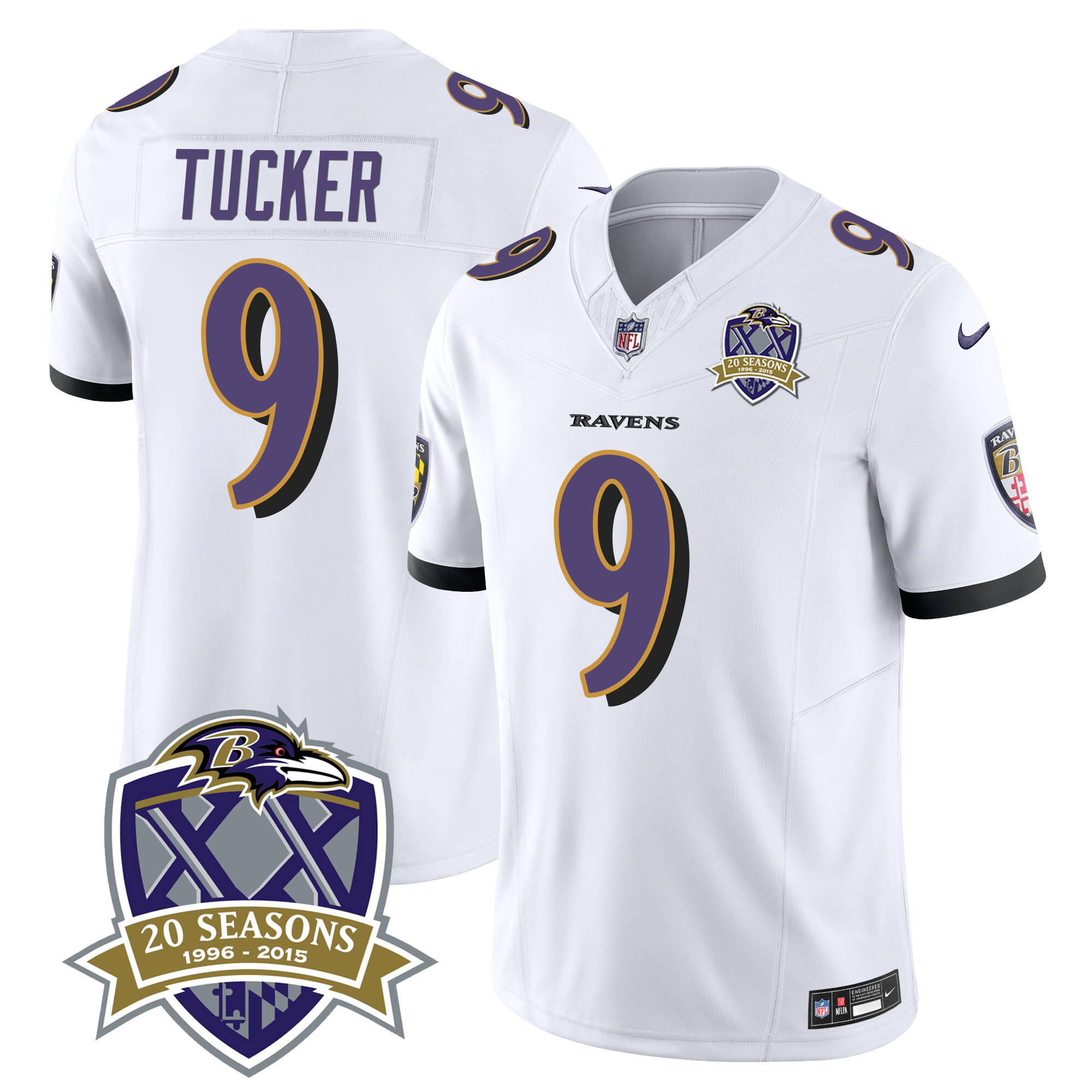 Justin Tucker Men's Baltimore Ravens 20th Season Patch Vapor Limited White Jersey - All Stitched
