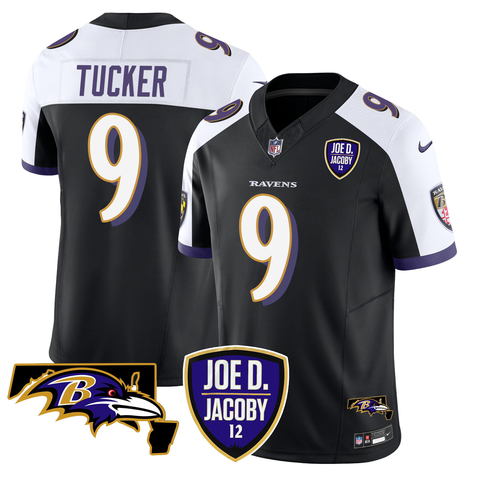 Justin Tucker Men's Baltimore Ravens Joe D & Jacoby Patch Vapor Limited Black Alternate Jersey - All Stitched