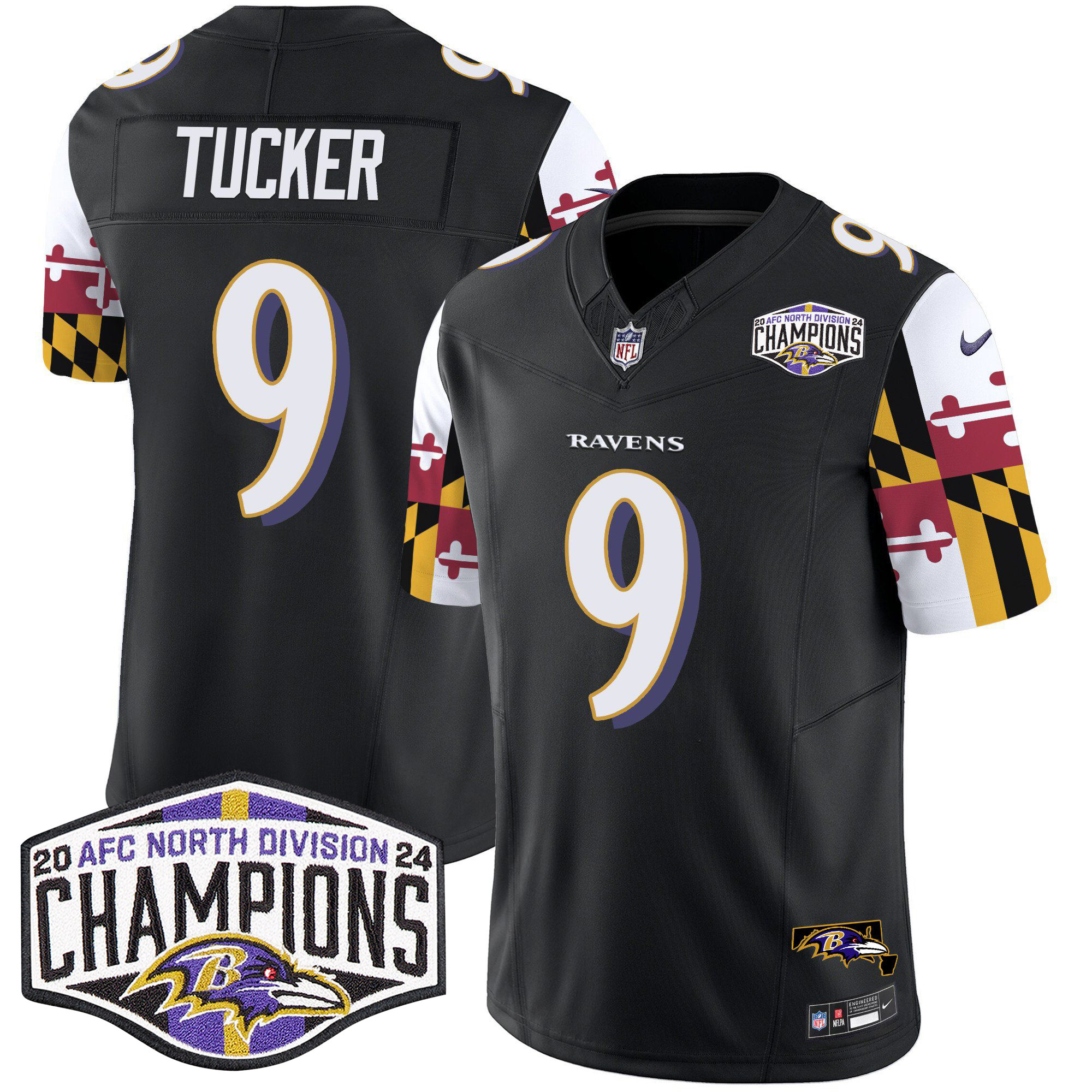 Justin Tucker Men's Baltimore Ravens Maryland Flag 2024 AFC North Division Champions Patch Vapor Limited Black Jersey - All Stitched