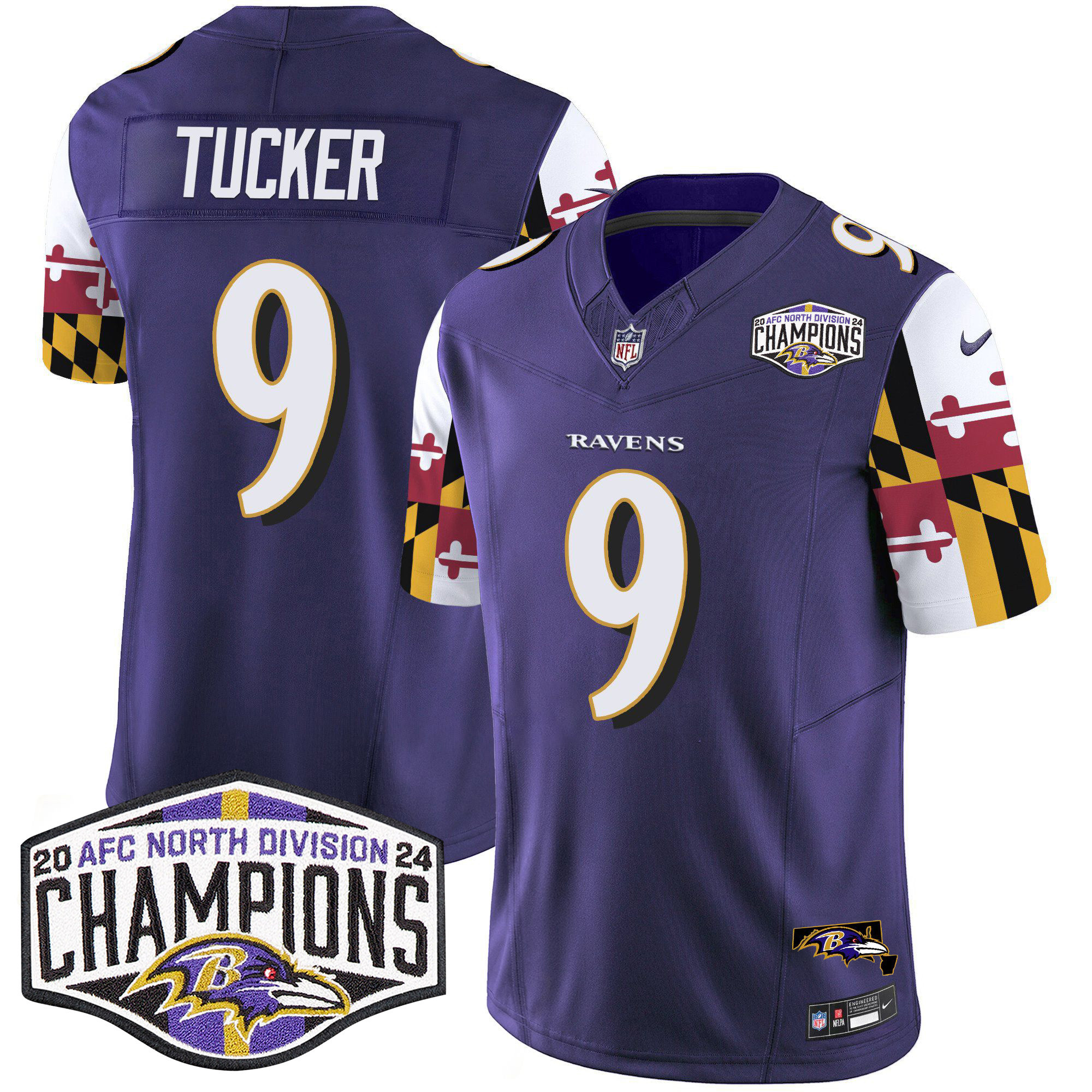 Justin Tucker Men's Baltimore Ravens Maryland Flag 2024 AFC North Division Champions Patch Vapor Limited Purple Jersey - All Stitched