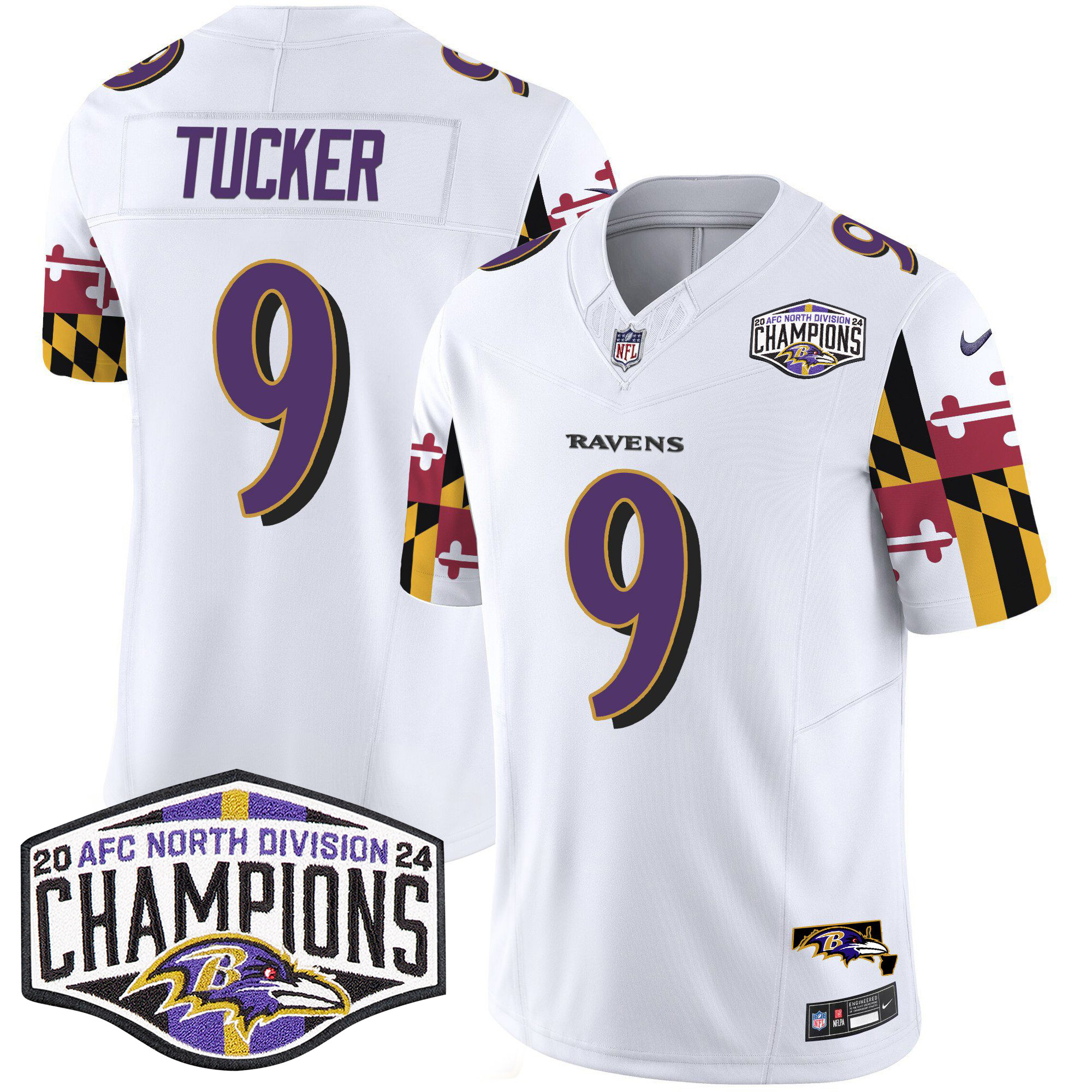 Justin Tucker Men's Baltimore Ravens Maryland Flag 2024 AFC North Division Champions Patch Vapor Limited White Jersey - All Stitched