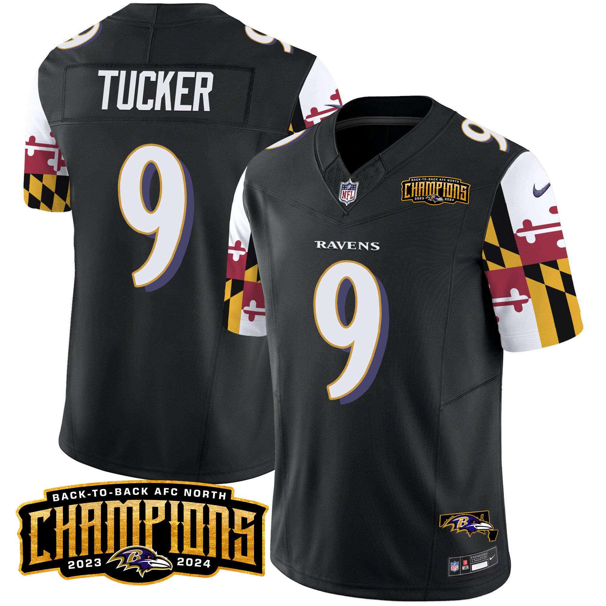 Justin Tucker Men's Baltimore Ravens Maryland Flag Back To Back AFC North Champions Patch Vapor Limited Black Jersey - All Stitched