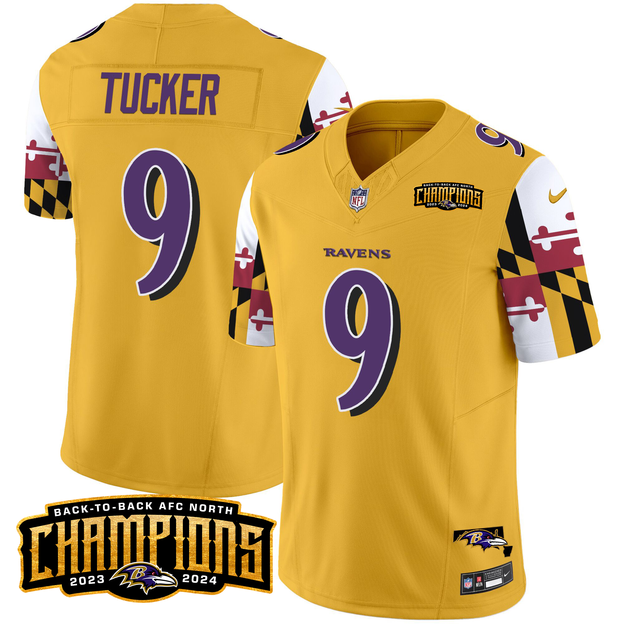 Justin Tucker Men's Baltimore Ravens Maryland Flag Back To Back AFC North Champions Patch Vapor Limited Gold Jersey - All Stitched